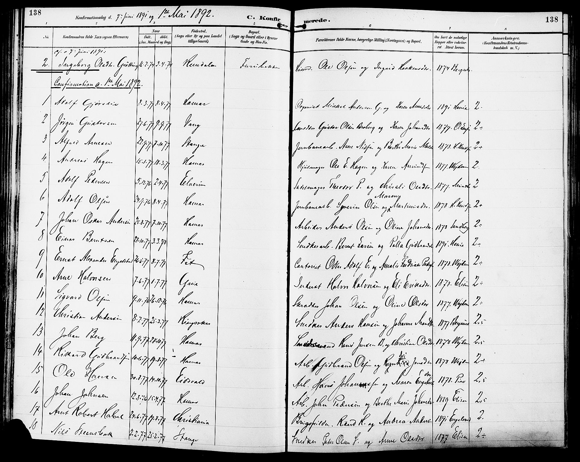 Vang prestekontor, Hedmark, SAH/PREST-008/H/Ha/Haa/L0017: Parish register (official) no. 17, 1890-1899, p. 138