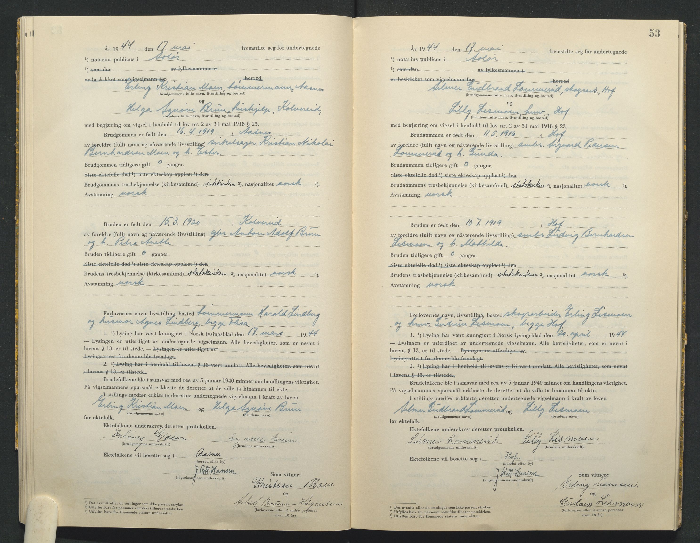 Solør tingrett, AV/SAH-TING-008/L/Lb/L0002: Vigselprotokoll, 1943-1944, p. 53