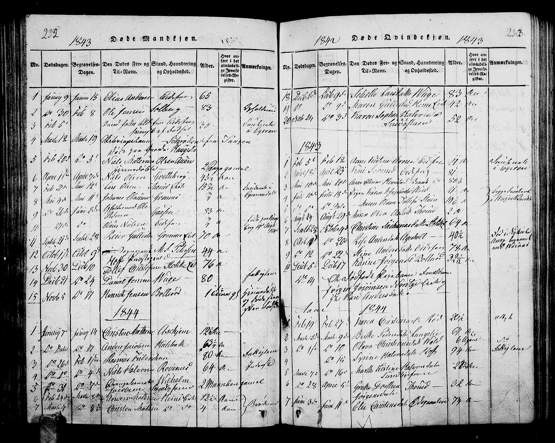 Hof kirkebøker, AV/SAKO-A-64/G/Ga/L0001: Parish register (copy) no. I 1, 1814-1844, p. 232-233