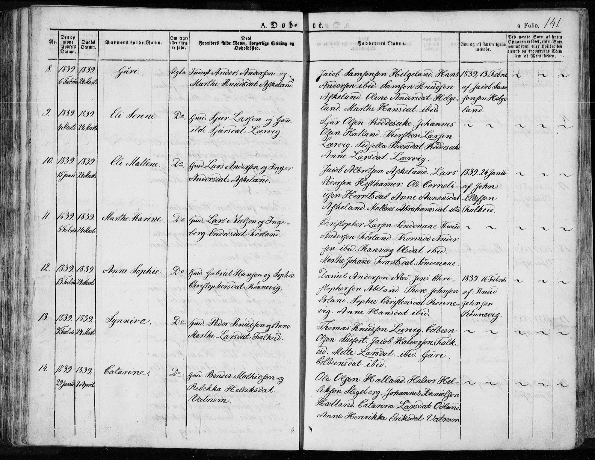 Tysvær sokneprestkontor, AV/SAST-A -101864/H/Ha/Haa/L0001: Parish register (official) no. A 1.1, 1831-1856, p. 141