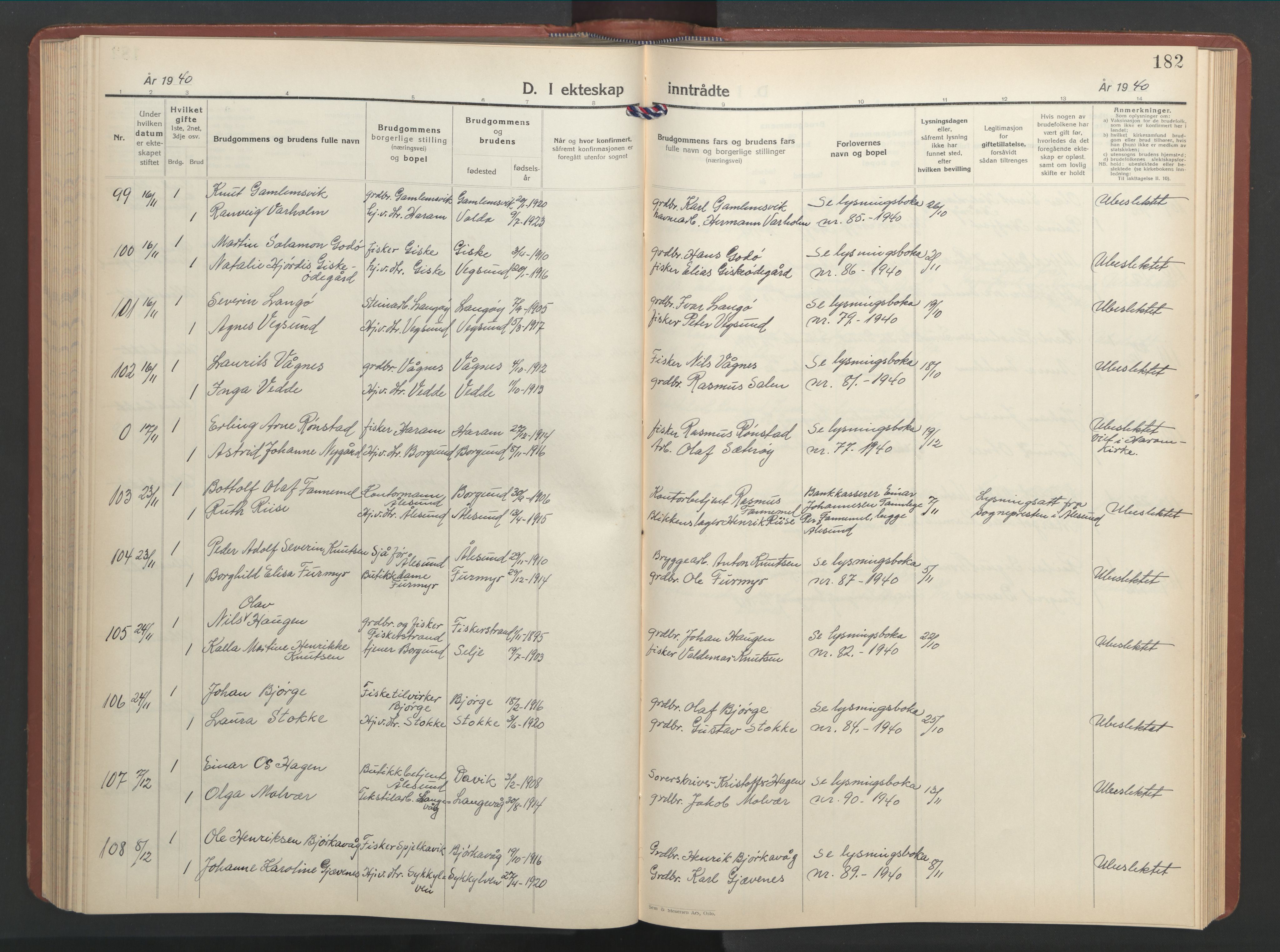 Ministerialprotokoller, klokkerbøker og fødselsregistre - Møre og Romsdal, SAT/A-1454/528/L0437: Parish register (copy) no. 528C18, 1939-1948, p. 182