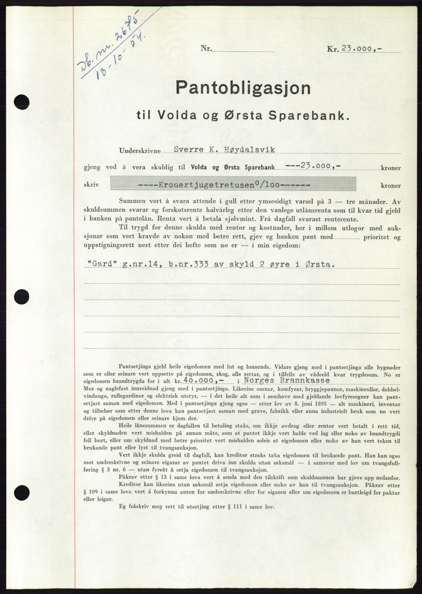 Søre Sunnmøre sorenskriveri, AV/SAT-A-4122/1/2/2C/L0126: Mortgage book no. 14B, 1954-1955, Diary no: : 2675/1954