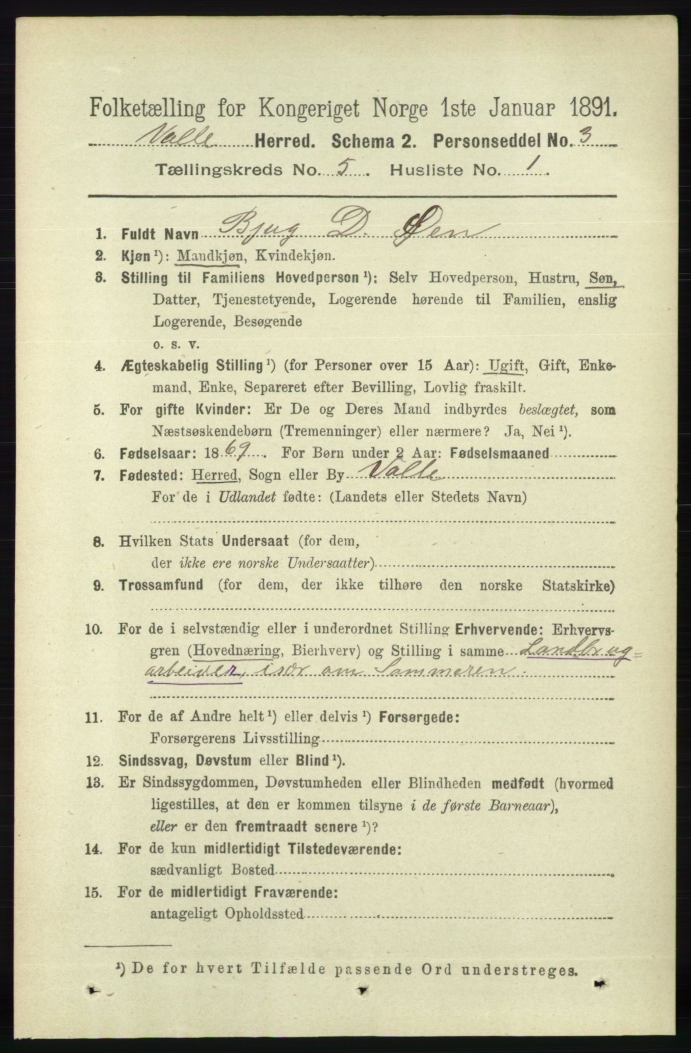 RA, 1891 census for 0940 Valle, 1891, p. 1333