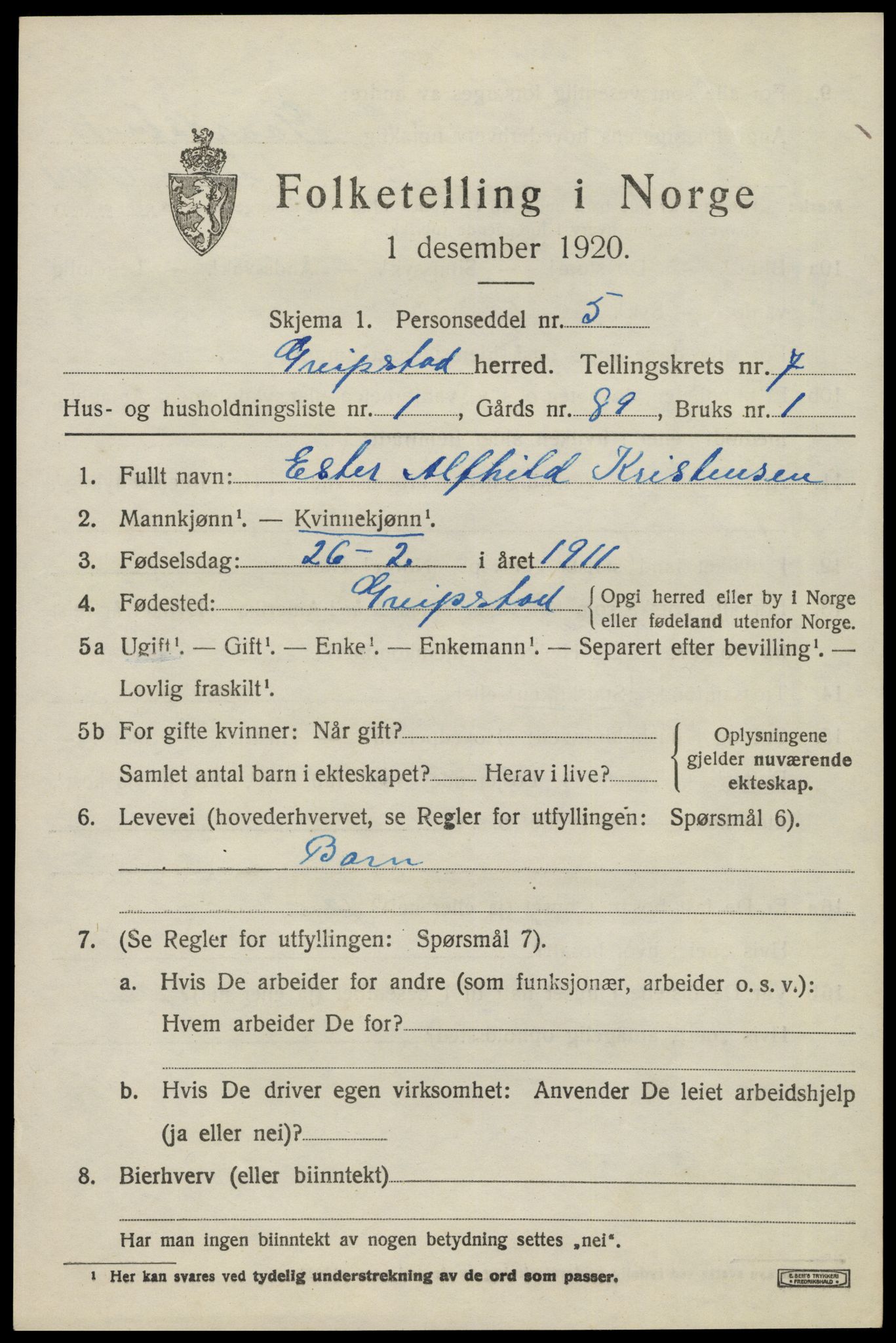 SAK, 1920 census for Greipstad, 1920, p. 2114