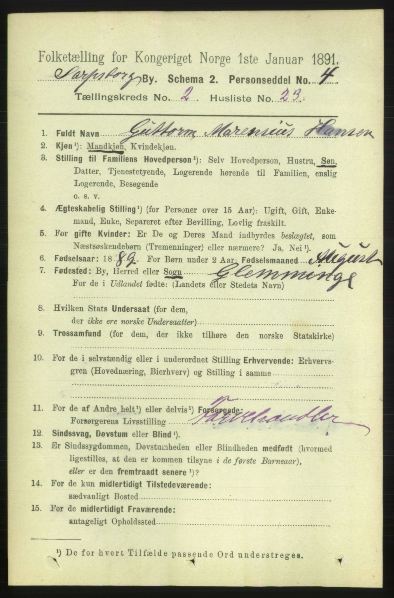 RA, 1891 census for 0102 Sarpsborg, 1891, p. 1479