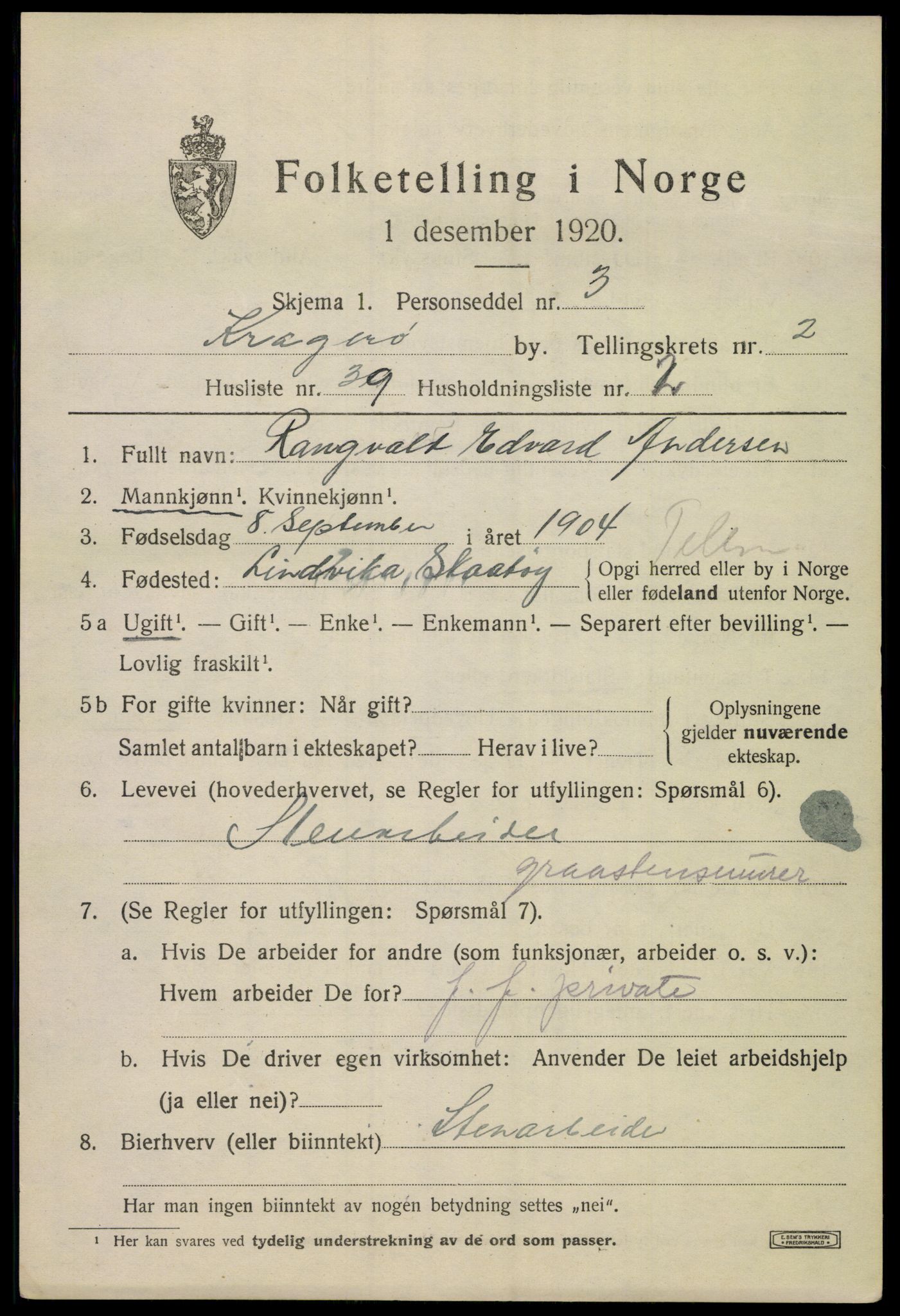 SAKO, 1920 census for Kragerø, 1920, p. 5819