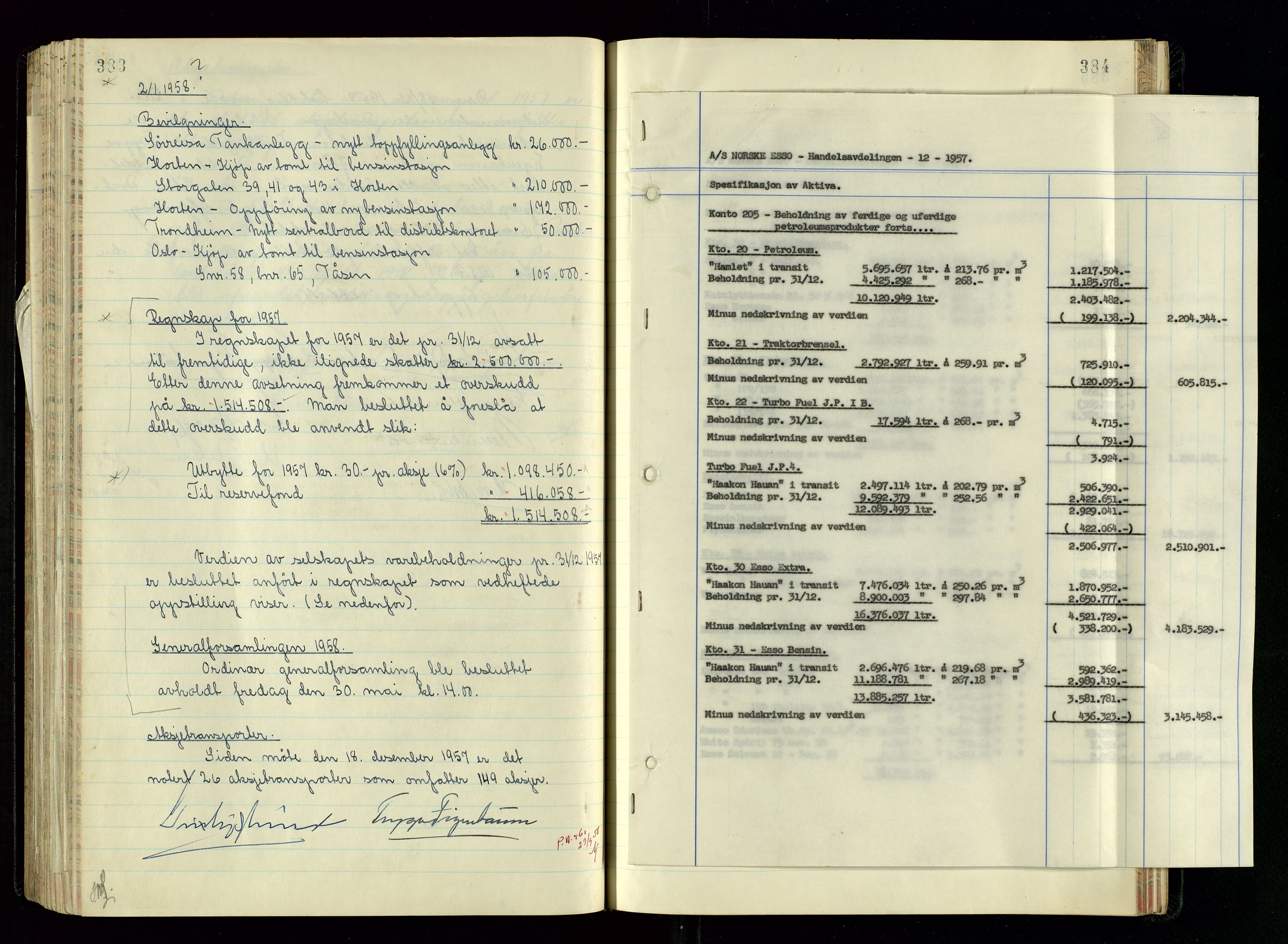 PA 1534 - Østlandske Petroleumscompagni A/S, SAST/A-101954/A/Aa/L0005/0001: Direksjonsprotokoller / Den Administrerende Direksjon alle selskaper (referatprotokoll), 1943-1958, p. 383-384