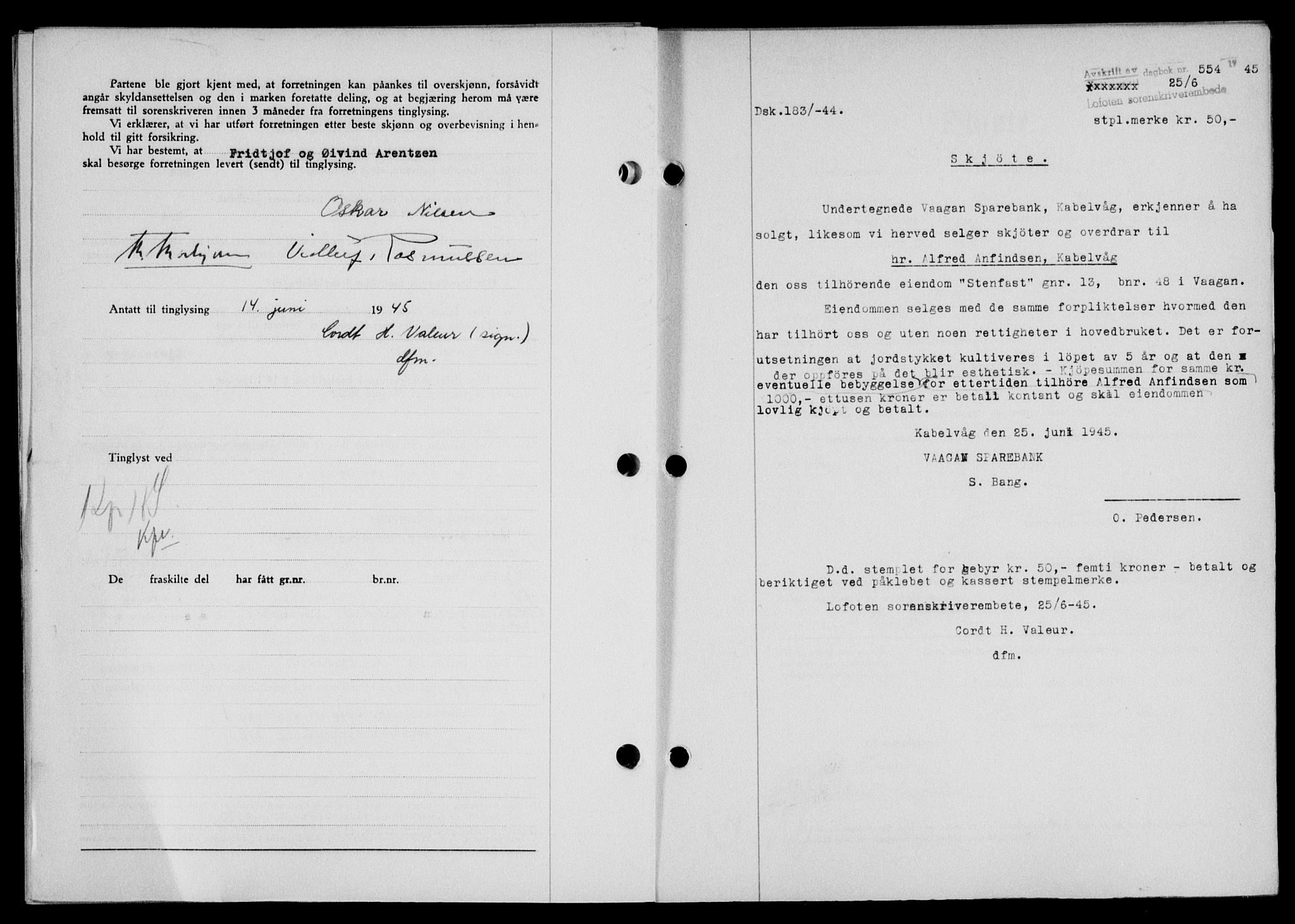 Lofoten sorenskriveri, SAT/A-0017/1/2/2C/L0013a: Mortgage book no. 13a, 1944-1946, Diary no: : 554/1945