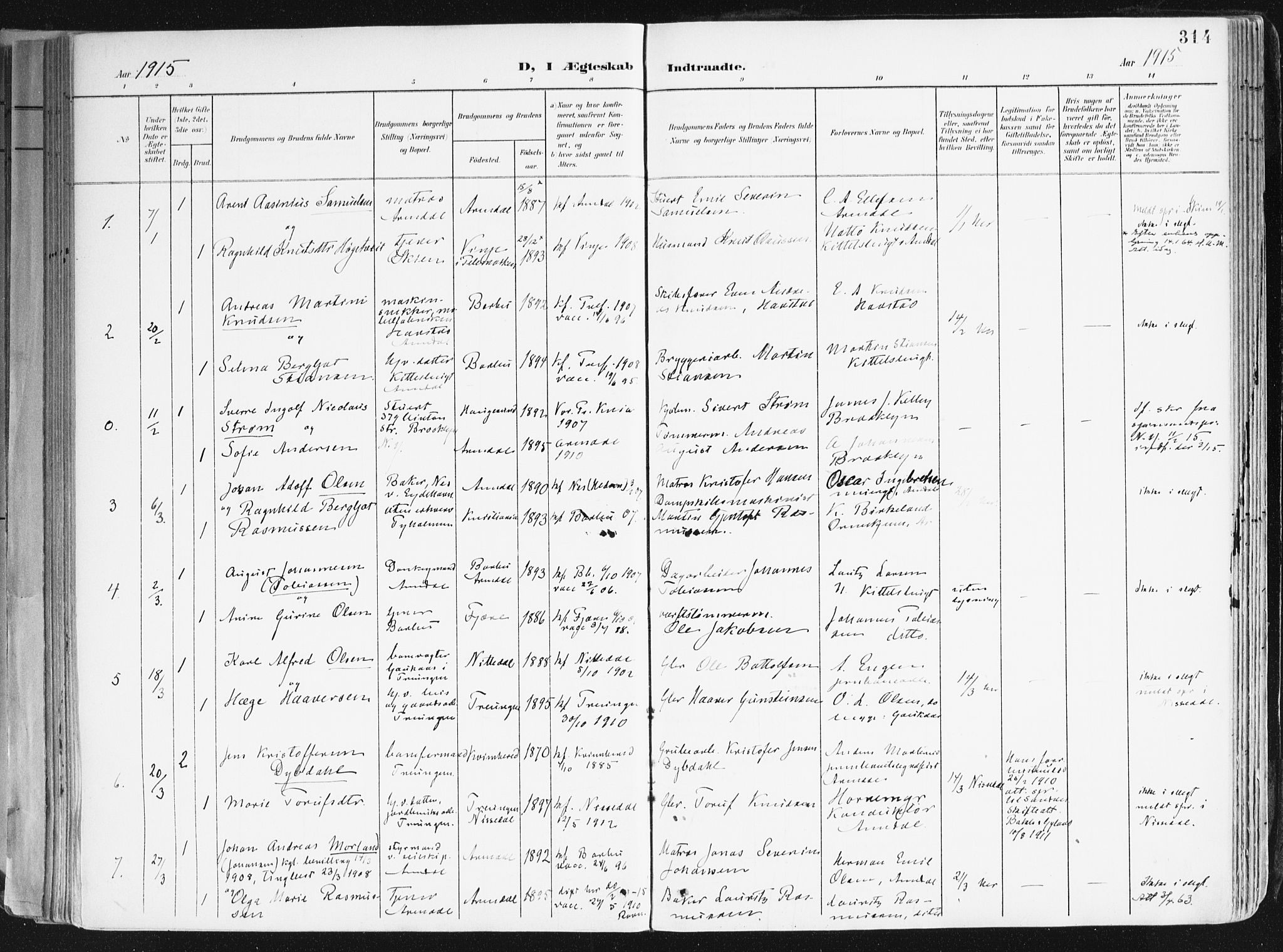 Arendal sokneprestkontor, Trefoldighet, SAK/1111-0040/F/Fa/L0010: Parish register (official) no. A 10, 1900-1919, p. 314