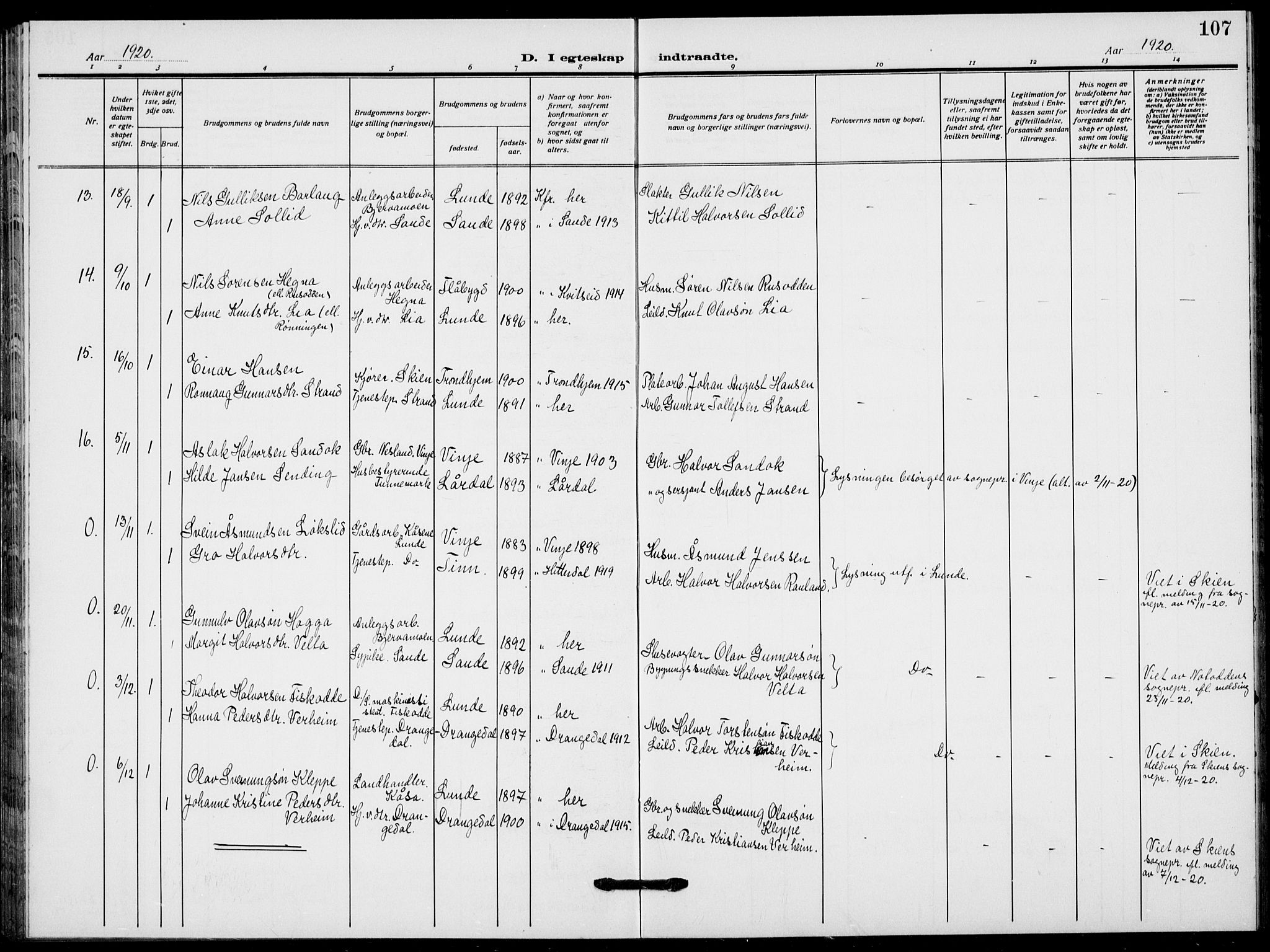 Lunde kirkebøker, SAKO/A-282/F/Fa/L0005: Parish register (official) no. I 5, 1914-1922, p. 107