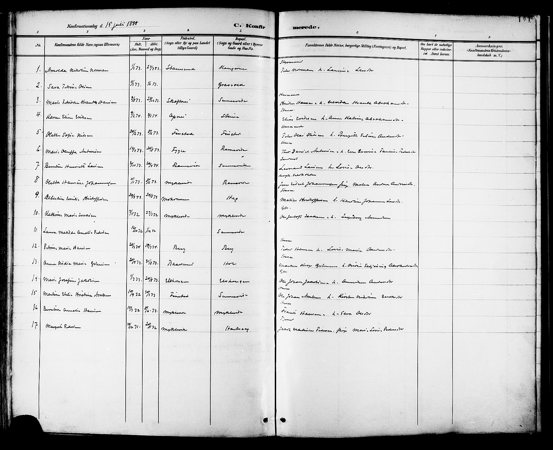 Ministerialprotokoller, klokkerbøker og fødselsregistre - Nordland, AV/SAT-A-1459/882/L1179: Parish register (official) no. 882A01, 1886-1898, p. 141