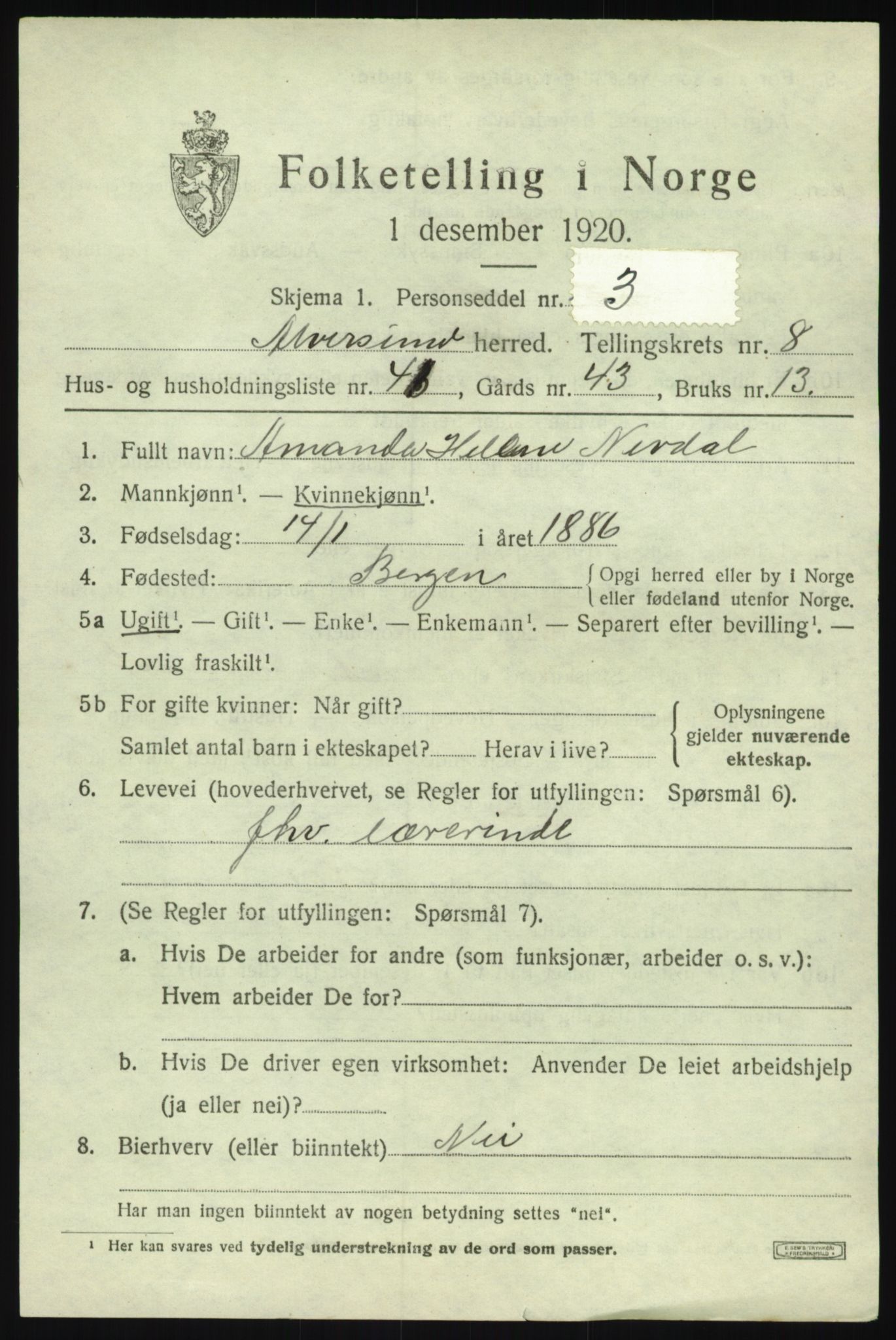 SAB, 1920 census for Alversund, 1920, p. 5302