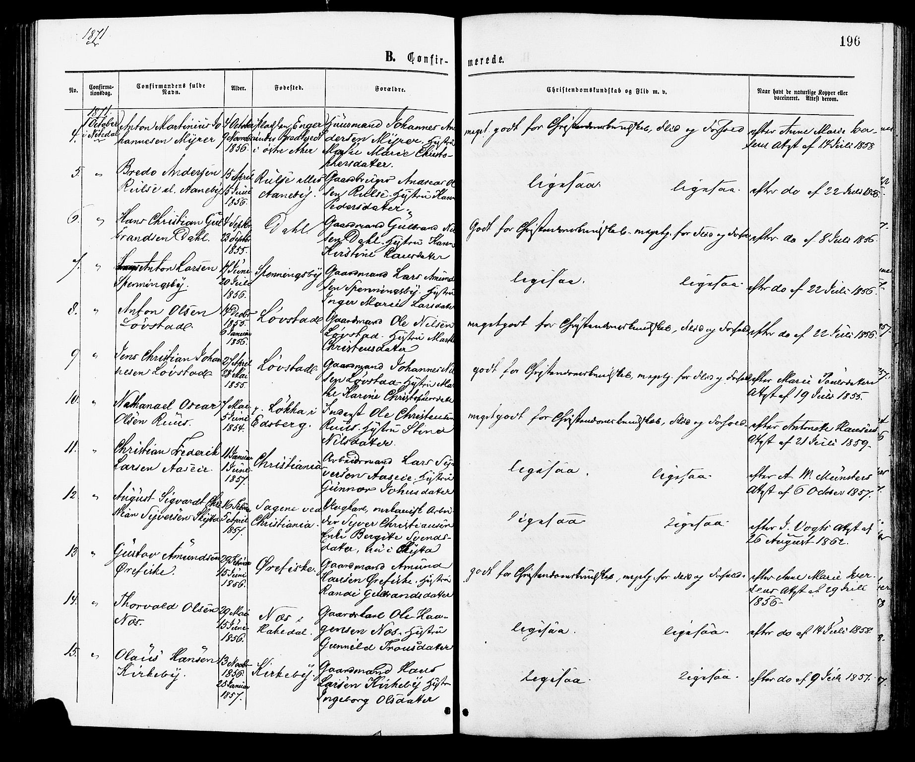 Nittedal prestekontor Kirkebøker, AV/SAO-A-10365a/F/Fa/L0006: Parish register (official) no. I 6, 1863-1878, p. 196