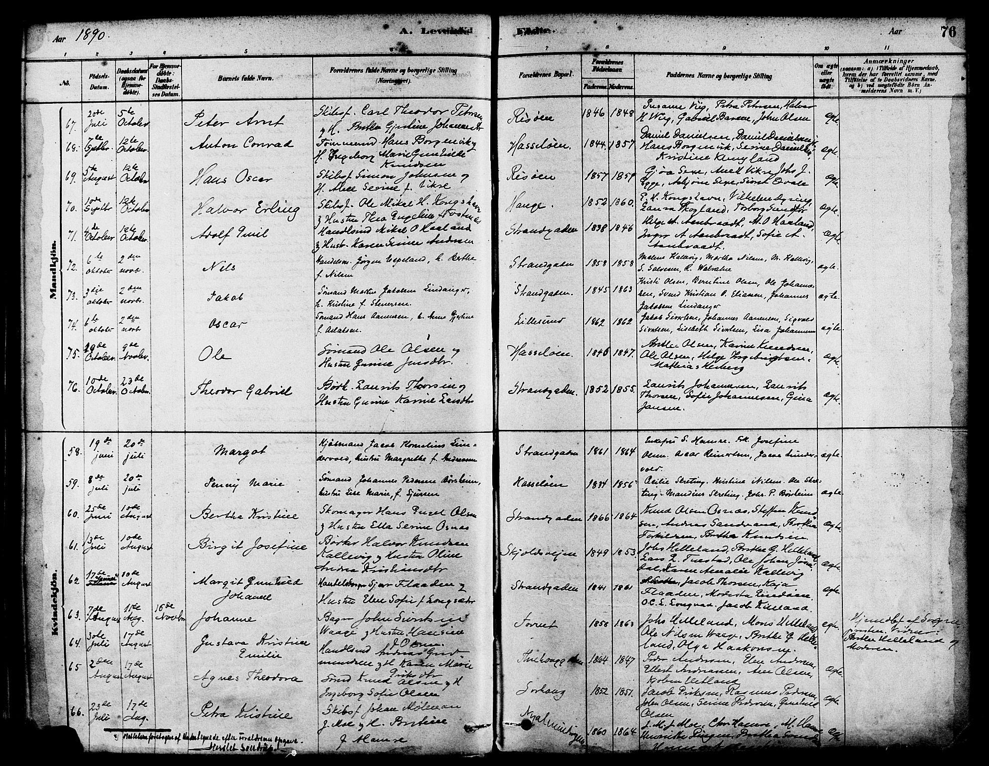 Haugesund sokneprestkontor, AV/SAST-A -101863/H/Ha/Haa/L0003: Parish register (official) no. A 3, 1885-1890, p. 76