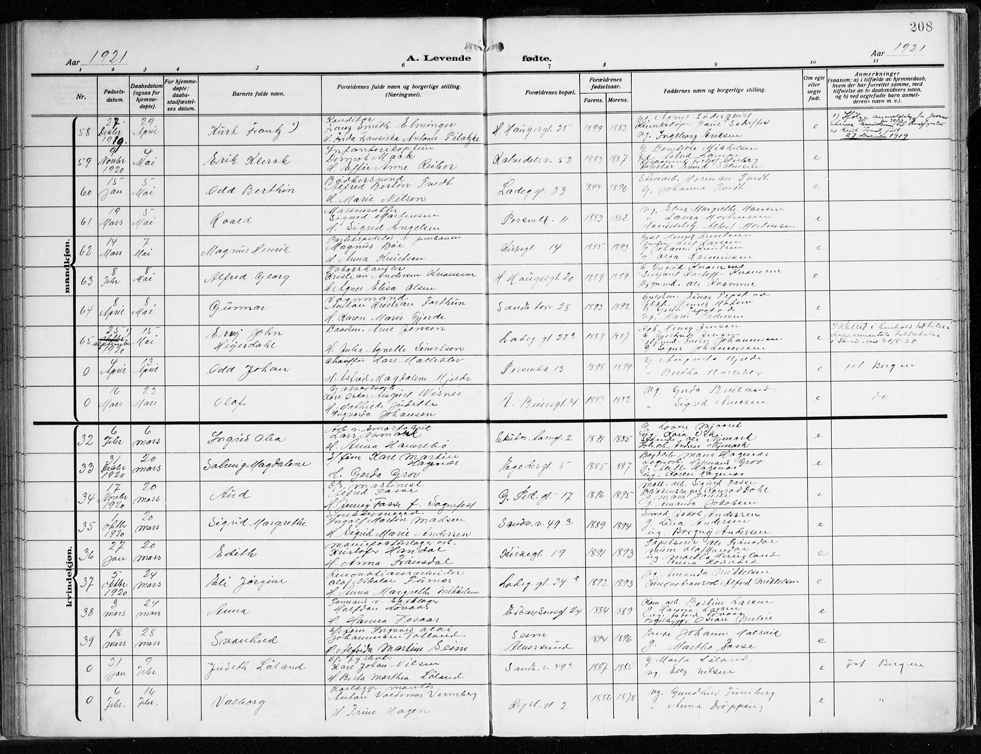 Sandviken Sokneprestembete, AV/SAB-A-77601/H/Ha/L0007: Parish register (official) no. B 4, 1912-1924, p. 208