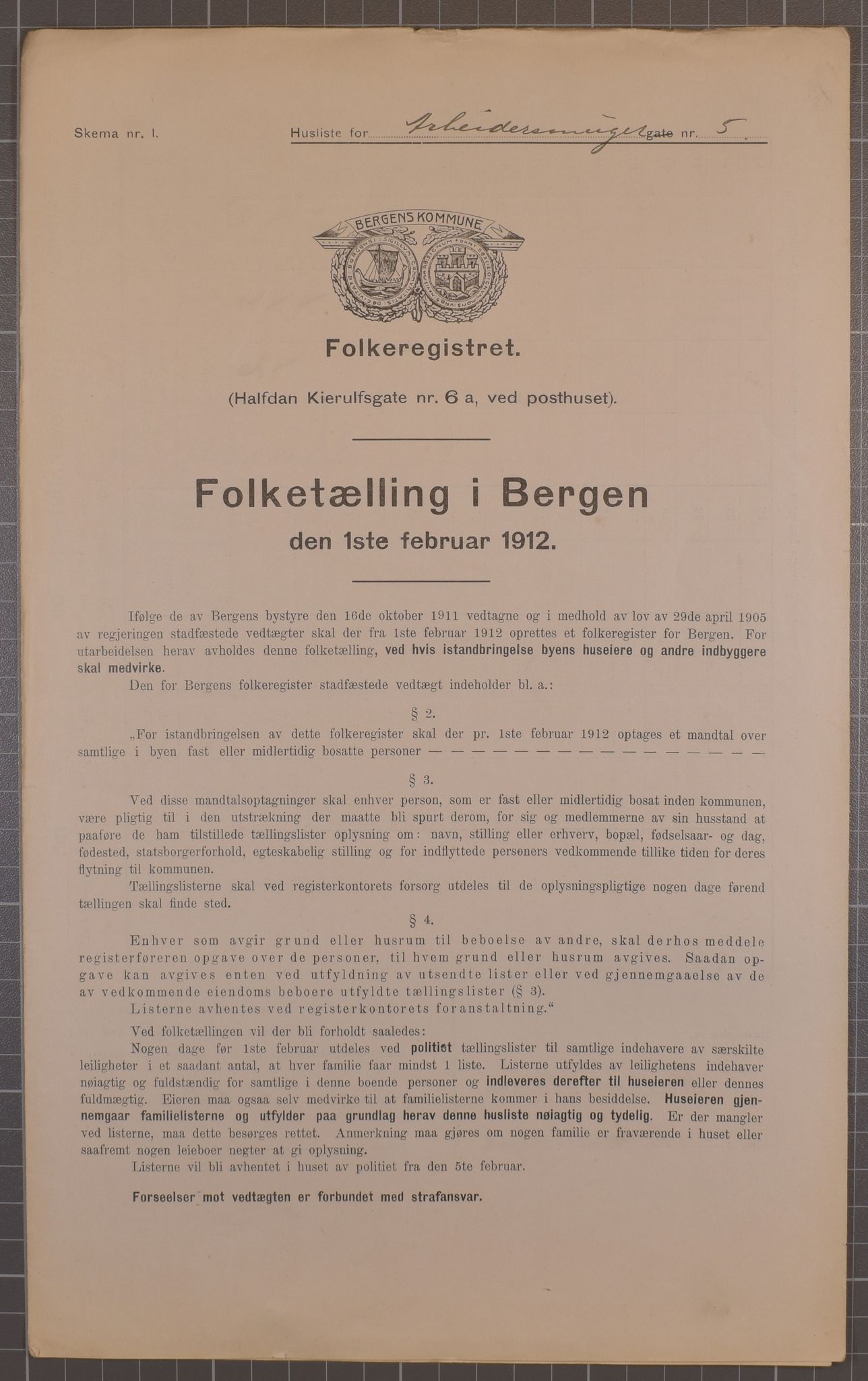 SAB, Municipal Census 1912 for Bergen, 1912, p. 1531