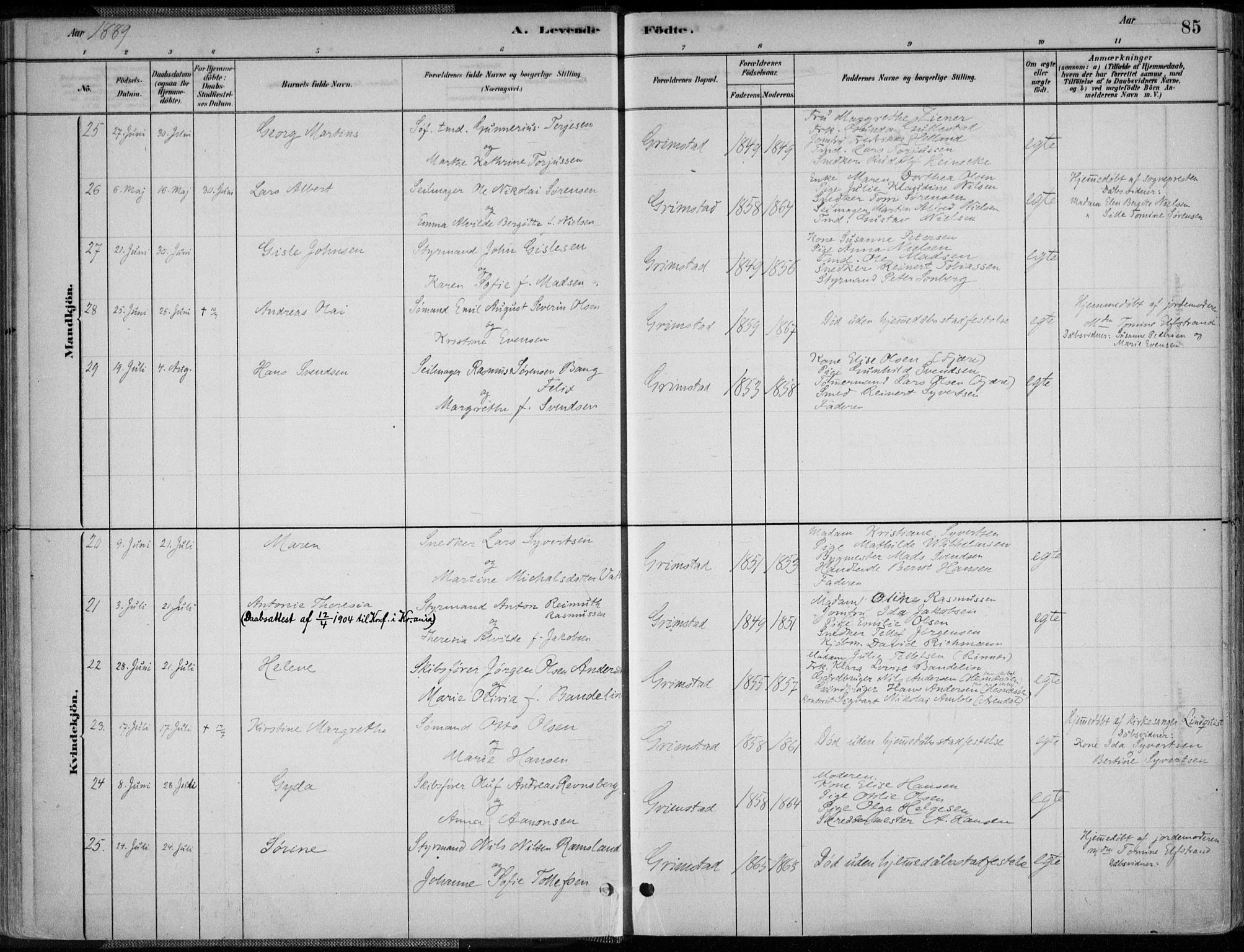 Grimstad sokneprestkontor, AV/SAK-1111-0017/F/Fa/L0003: Parish register (official) no. A 2, 1882-1912, p. 85