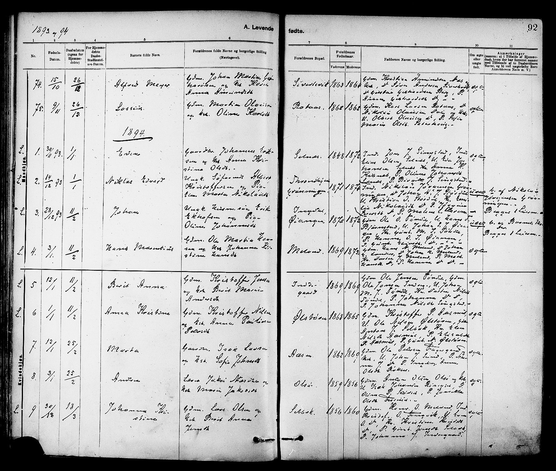 Ministerialprotokoller, klokkerbøker og fødselsregistre - Sør-Trøndelag, SAT/A-1456/647/L0634: Parish register (official) no. 647A01, 1885-1896, p. 92