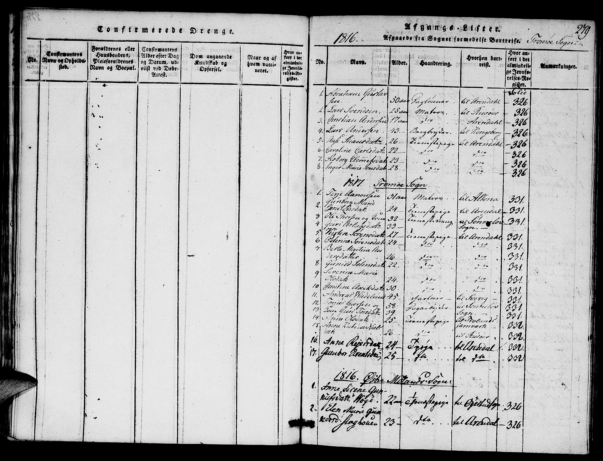 Austre Moland sokneprestkontor, AV/SAK-1111-0001/F/Fa/Faa/L0004: Parish register (official) no. A 4, 1816-1824, p. 279
