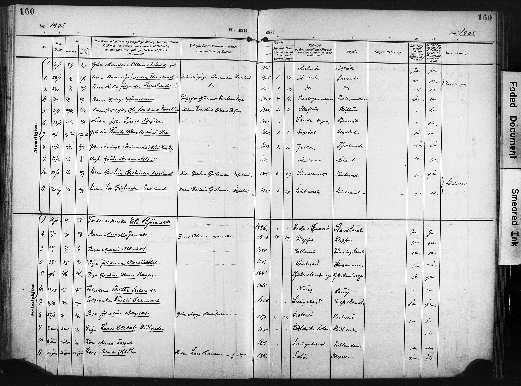 Hjelmeland sokneprestkontor, SAST/A-101843/02/A/L0002: Parish register (official) no. A 17, 1901-1916, p. 160