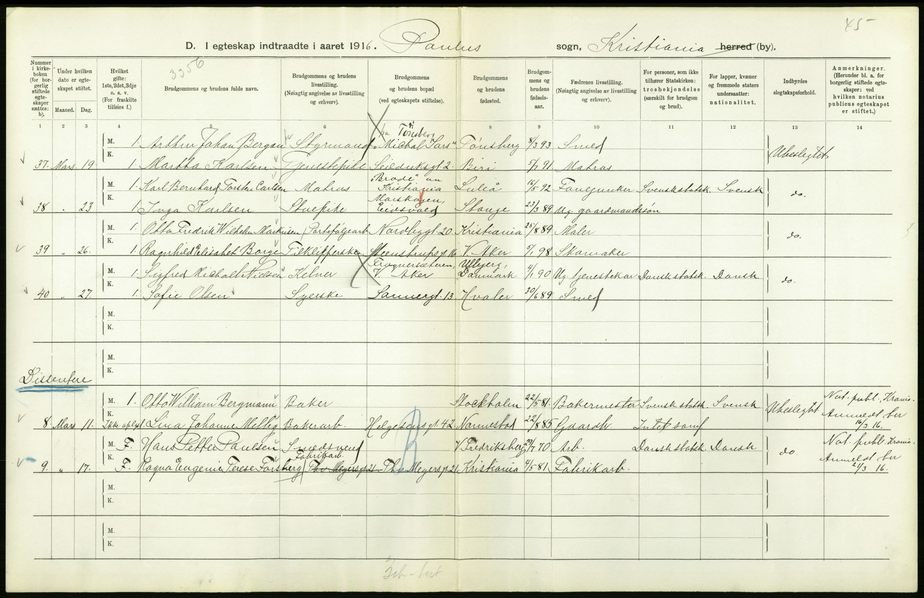 Statistisk sentralbyrå, Sosiodemografiske emner, Befolkning, RA/S-2228/D/Df/Dfb/Dfbf/L0008: Kristiania: Gifte, 1916, p. 730