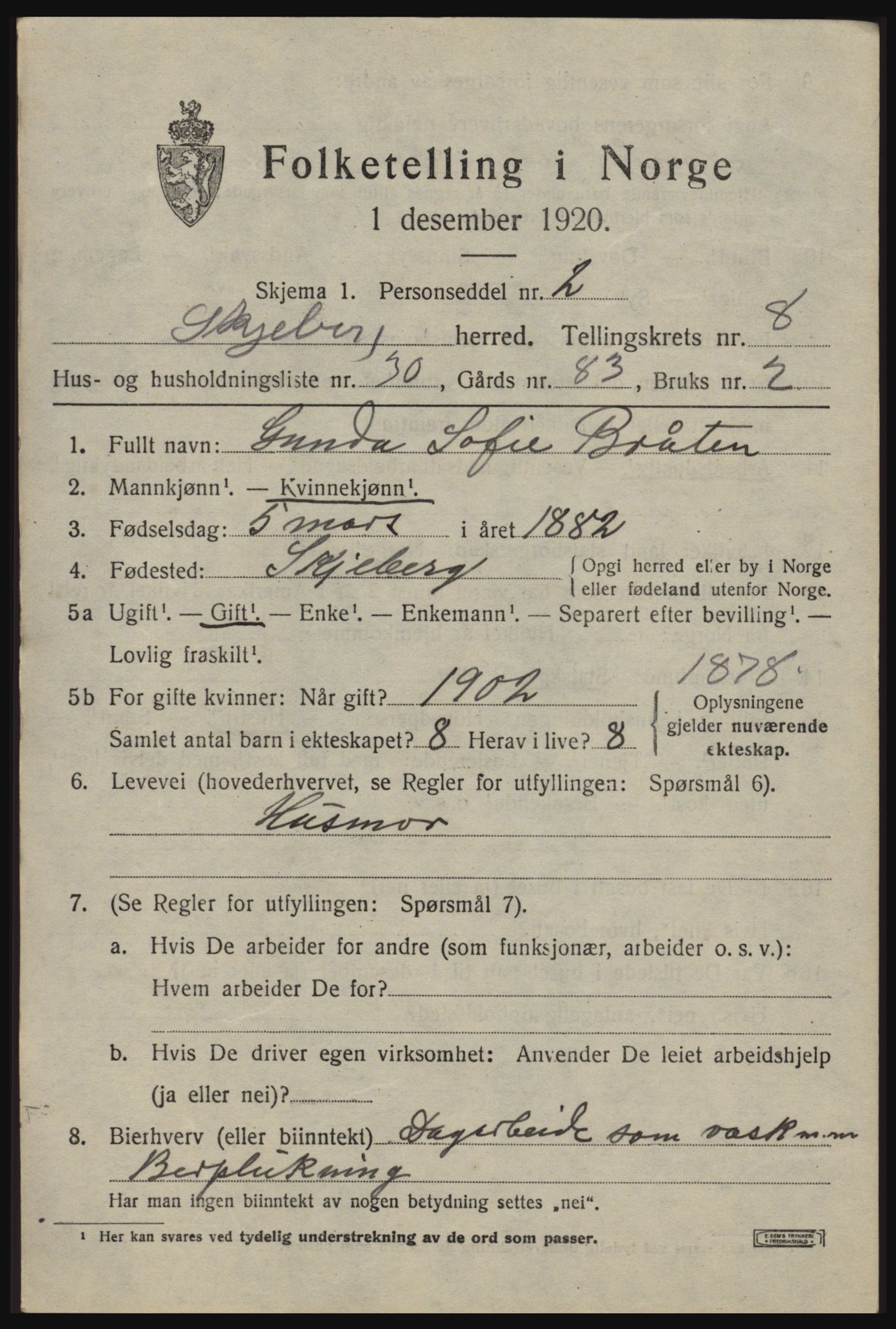 SAO, 1920 census for Skjeberg, 1920, p. 8215