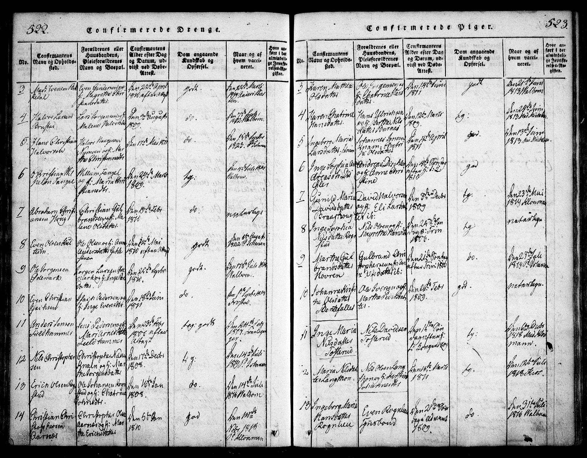 Hurdal prestekontor Kirkebøker, SAO/A-10889/F/Fa/L0003: Parish register (official) no. I 3, 1815-1828, p. 522-523