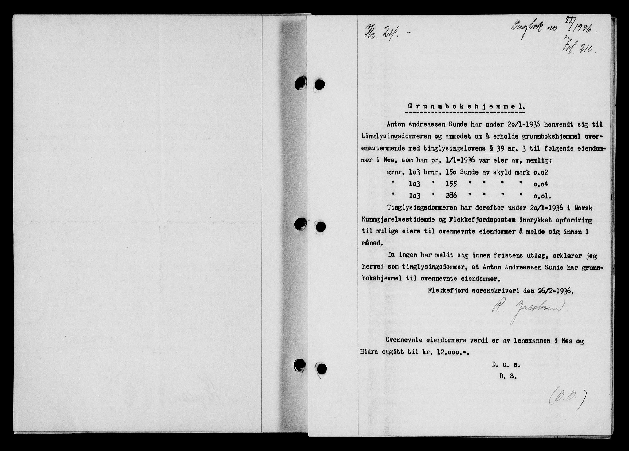 Flekkefjord sorenskriveri, SAK/1221-0001/G/Gb/Gba/L0052: Mortgage book no. 48, 1935-1936, Deed date: 26.02.1936