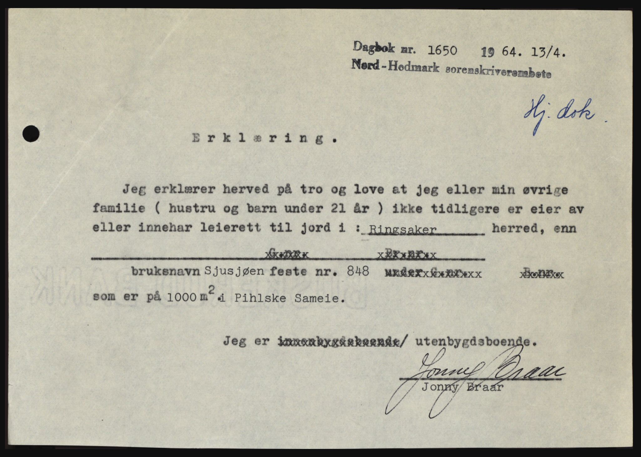 Nord-Hedmark sorenskriveri, SAH/TING-012/H/Hc/L0019: Mortgage book no. 19, 1963-1964, Diary no: : 1650/1964