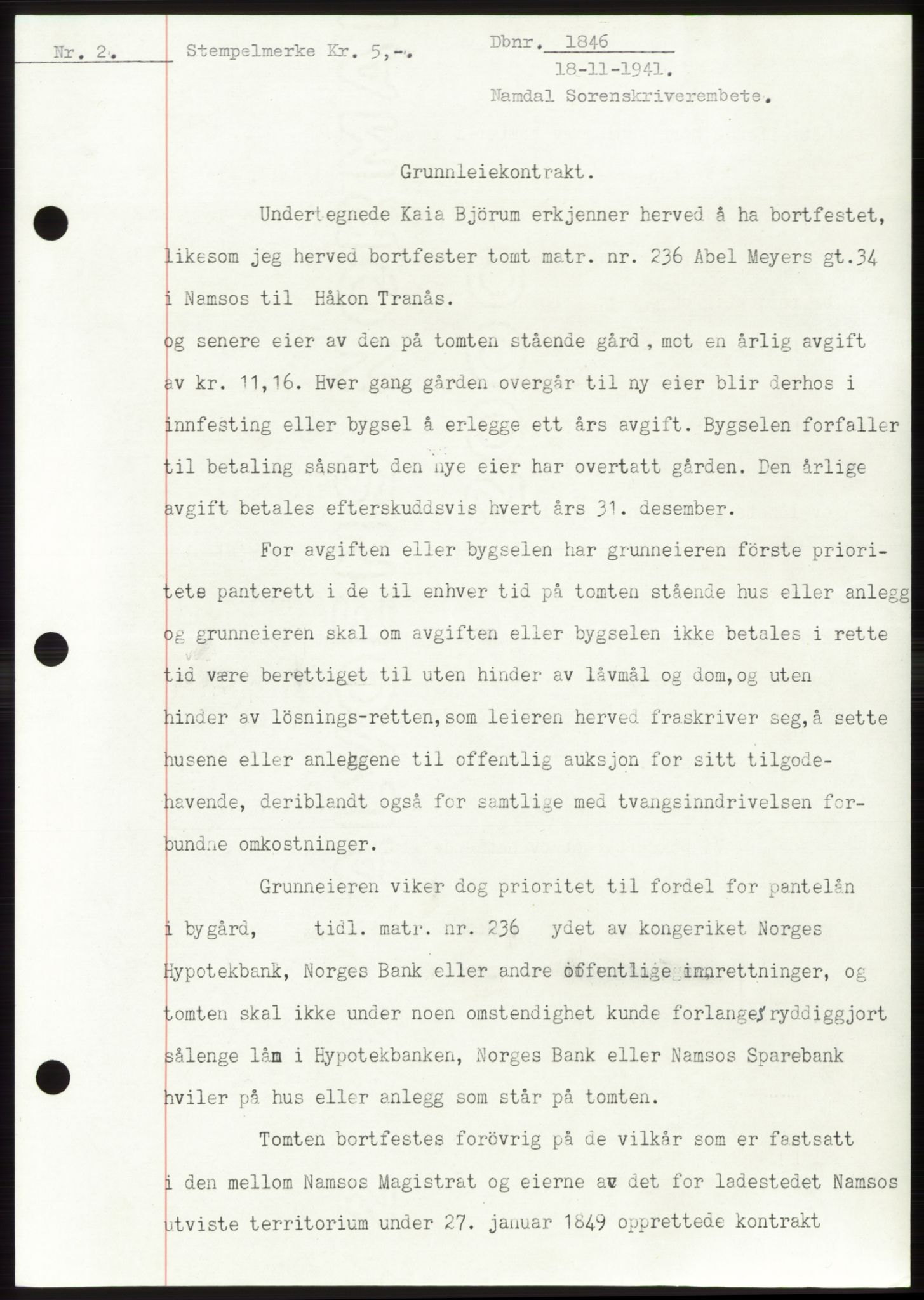 Namdal sorenskriveri, SAT/A-4133/1/2/2C: Mortgage book no. -, 1941-1942, Diary no: : 1846/1941