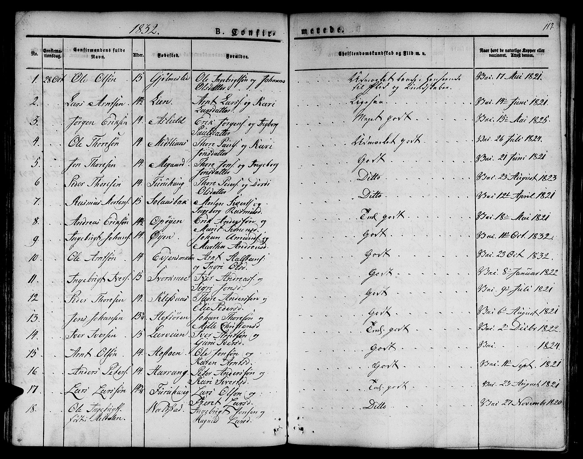 Ministerialprotokoller, klokkerbøker og fødselsregistre - Sør-Trøndelag, SAT/A-1456/668/L0804: Parish register (official) no. 668A04, 1826-1839, p. 117