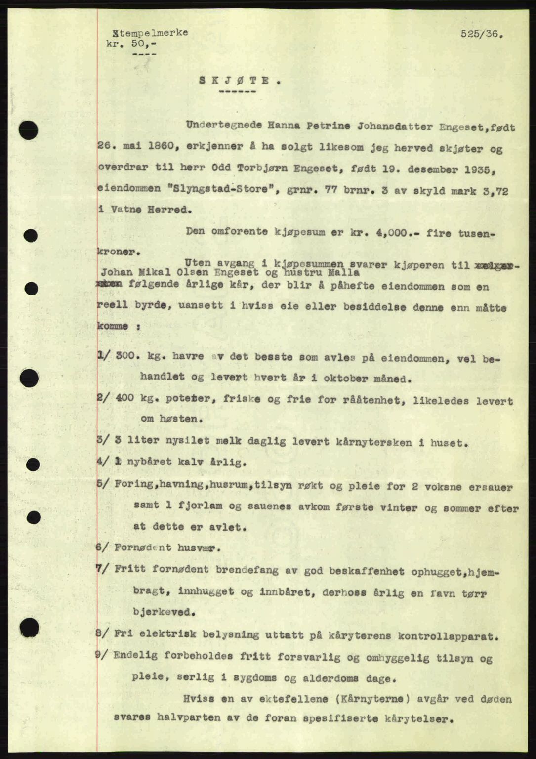 Nordre Sunnmøre sorenskriveri, AV/SAT-A-0006/1/2/2C/2Ca: Mortgage book no. A1, 1936-1936, Diary no: : 525/1936