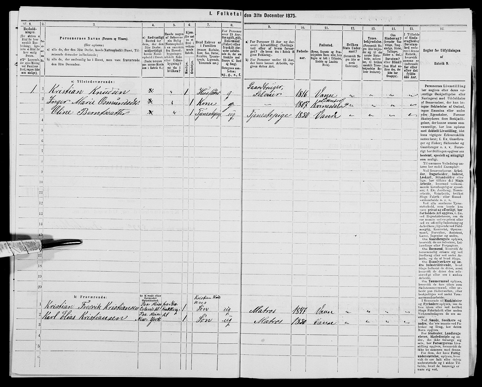 SAK, 1875 census for 1041L Vanse/Vanse og Farsund, 1875, p. 2005