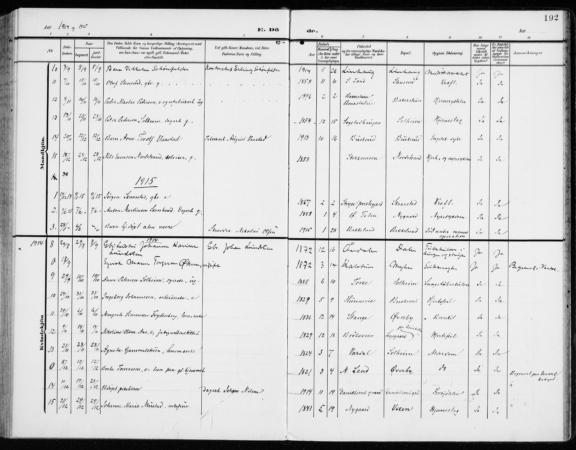 Vardal prestekontor, SAH/PREST-100/H/Ha/Haa/L0016: Parish register (official) no. 16, 1904-1916, p. 192