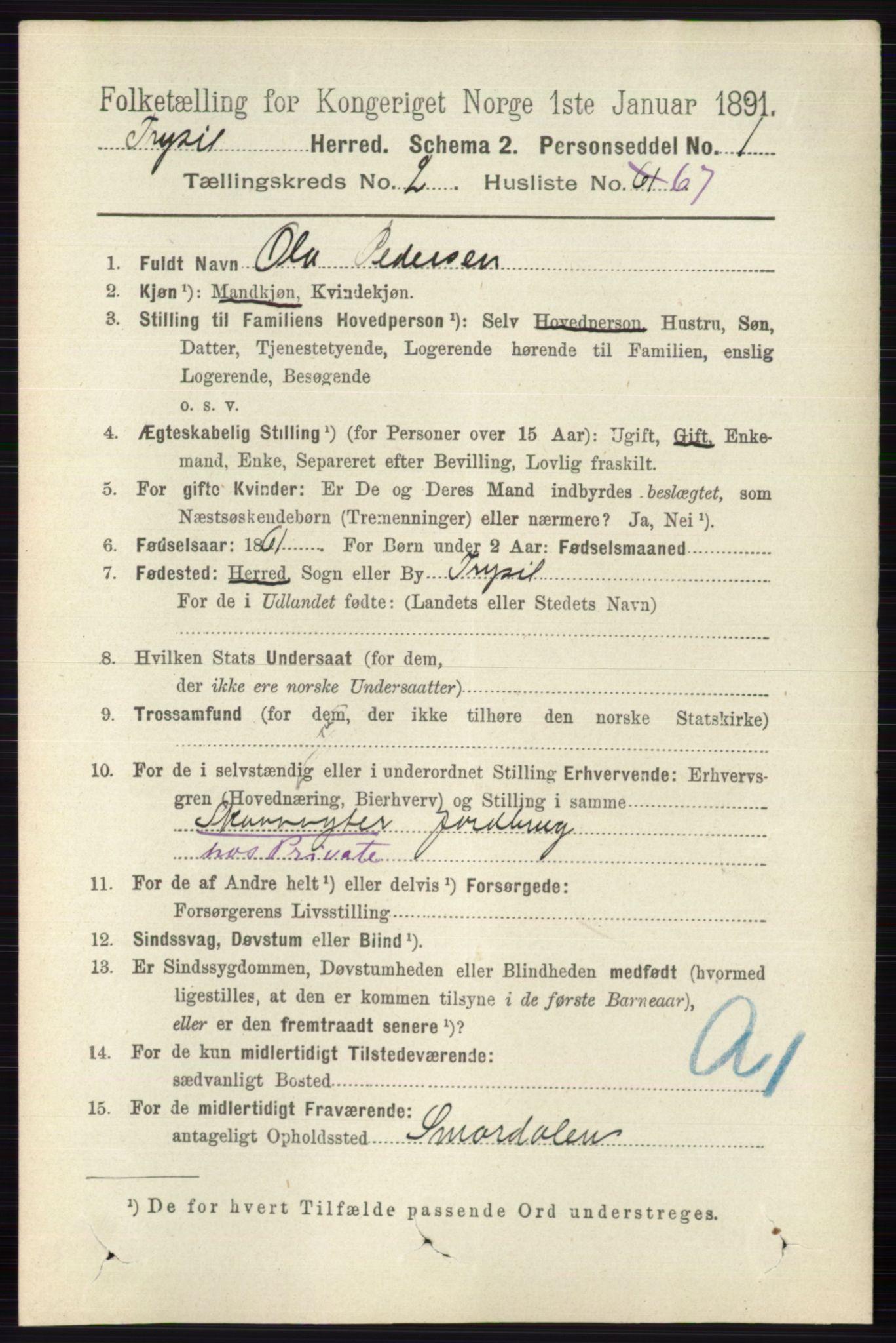 RA, 1891 census for 0428 Trysil, 1891, p. 1264