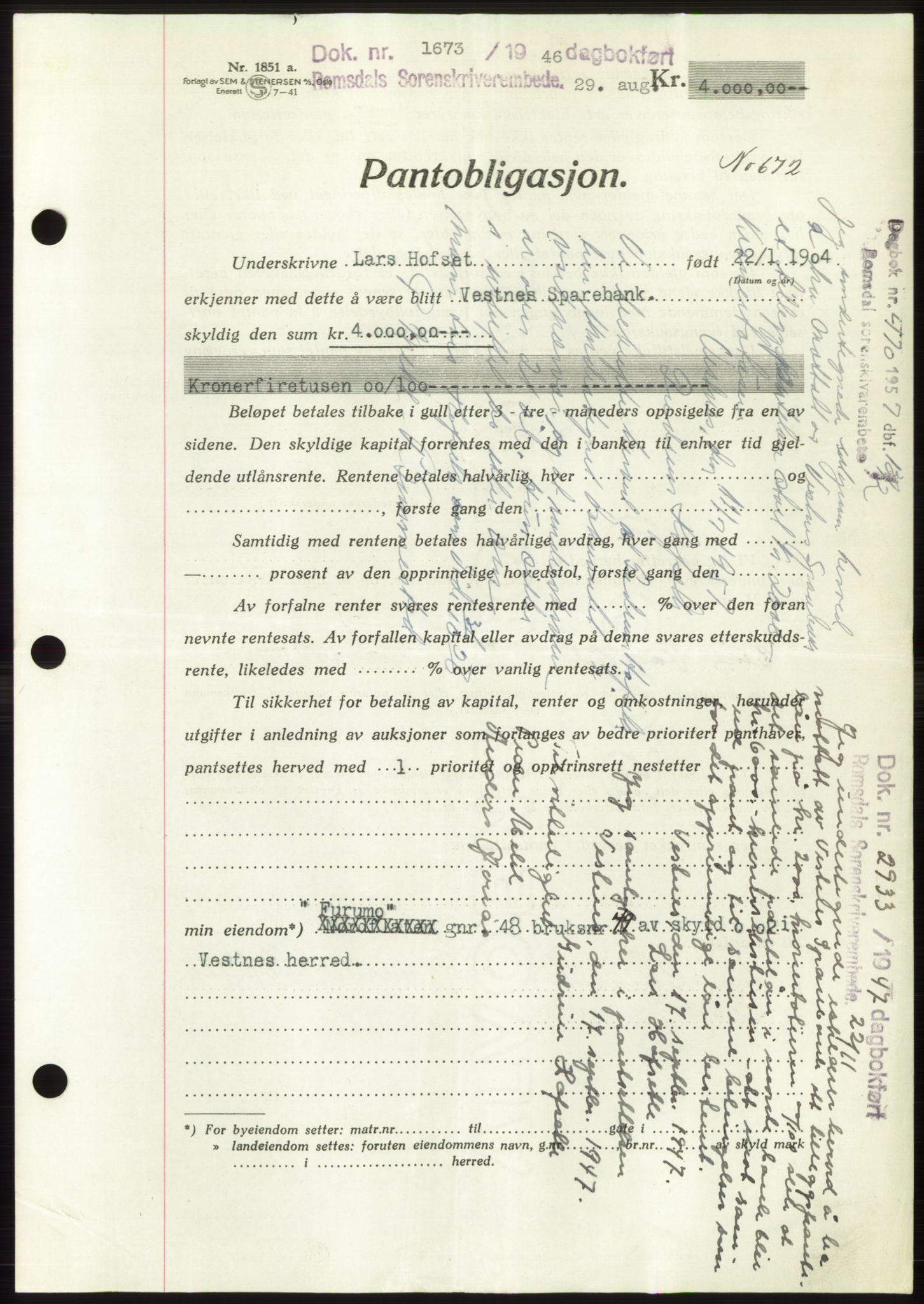 Romsdal sorenskriveri, AV/SAT-A-4149/1/2/2C: Mortgage book no. B3, 1946-1948, Diary no: : 1673/1946