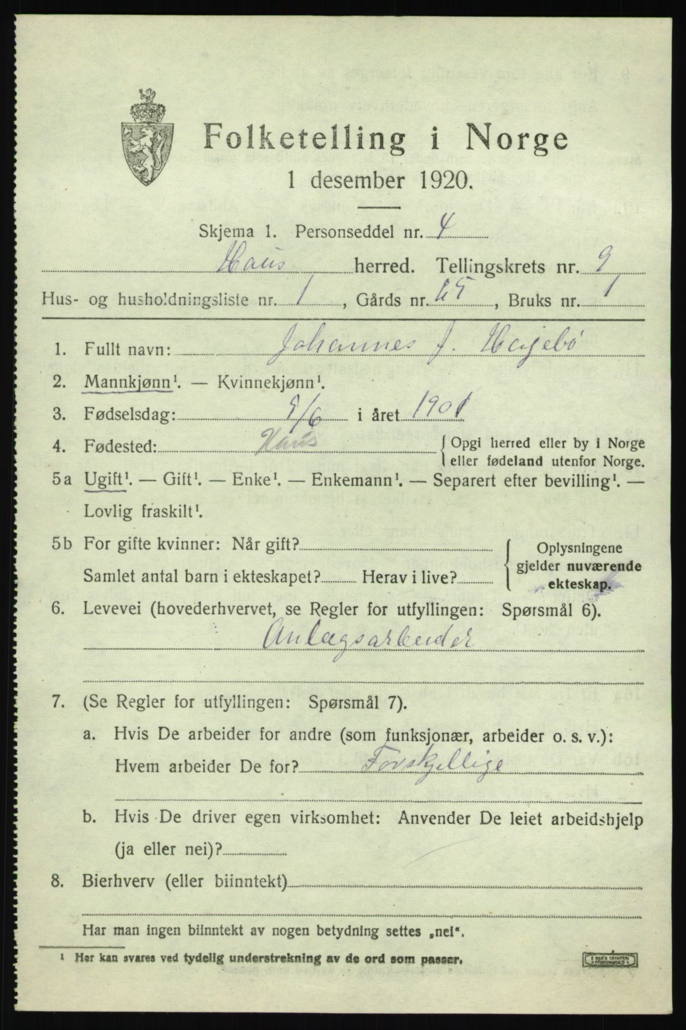 SAB, 1920 census for Haus, 1920, p. 5467