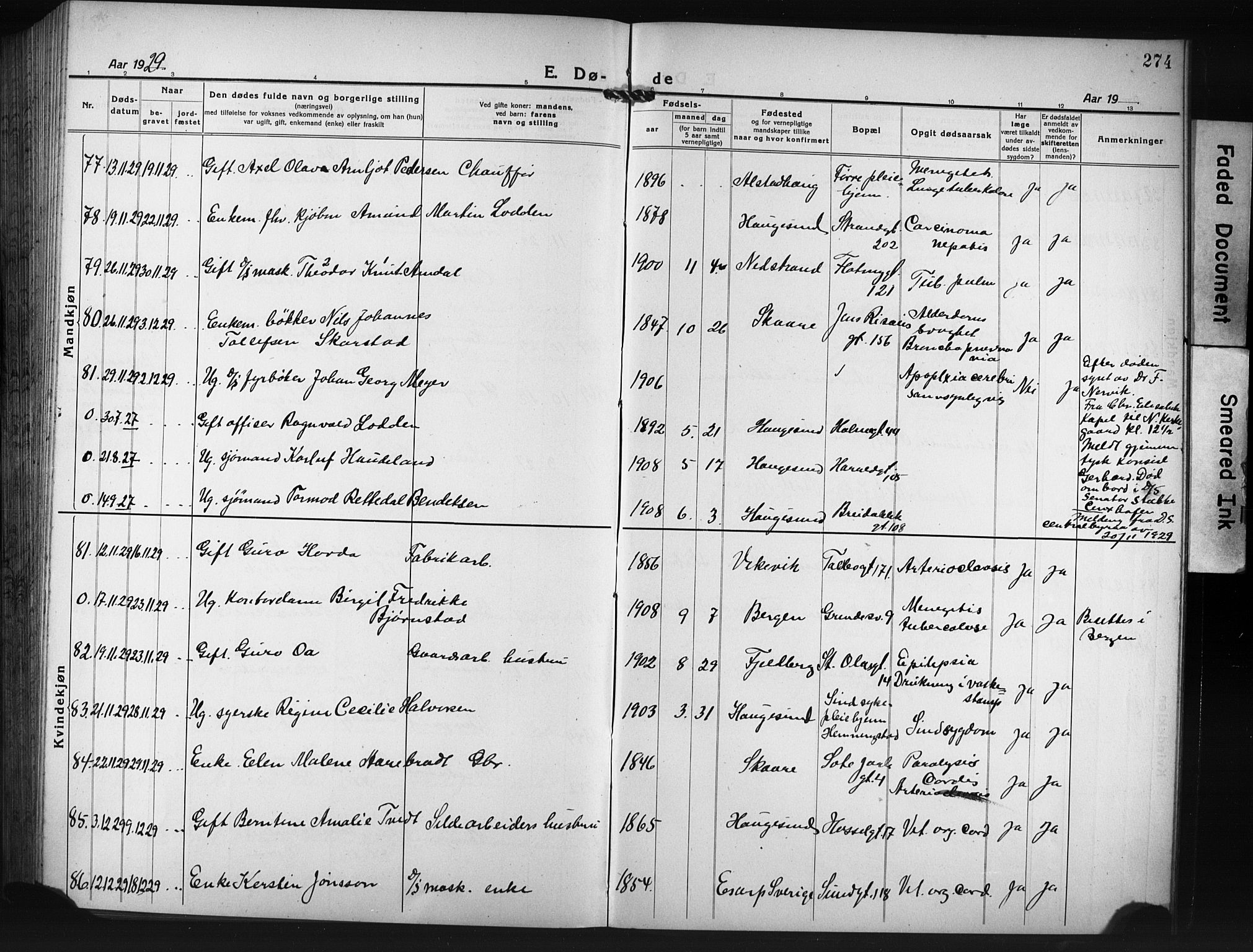 Haugesund sokneprestkontor, AV/SAST-A -101863/H/Ha/Hab/L0010: Parish register (copy) no. B 10, 1920-1931, p. 274