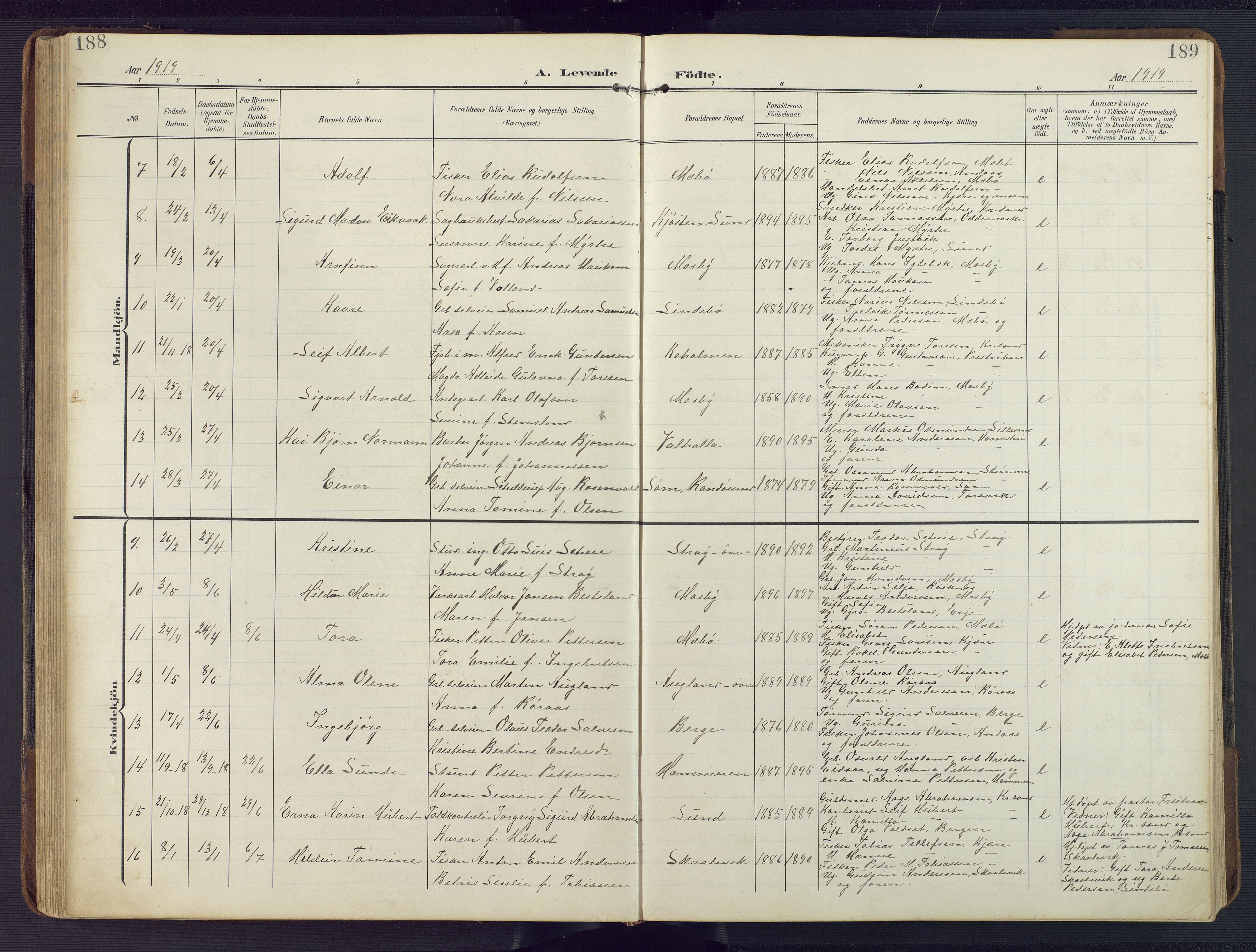Oddernes sokneprestkontor, SAK/1111-0033/F/Fb/Fba/L0010: Parish register (copy) no. B 10, 1907-1941, p. 188-189