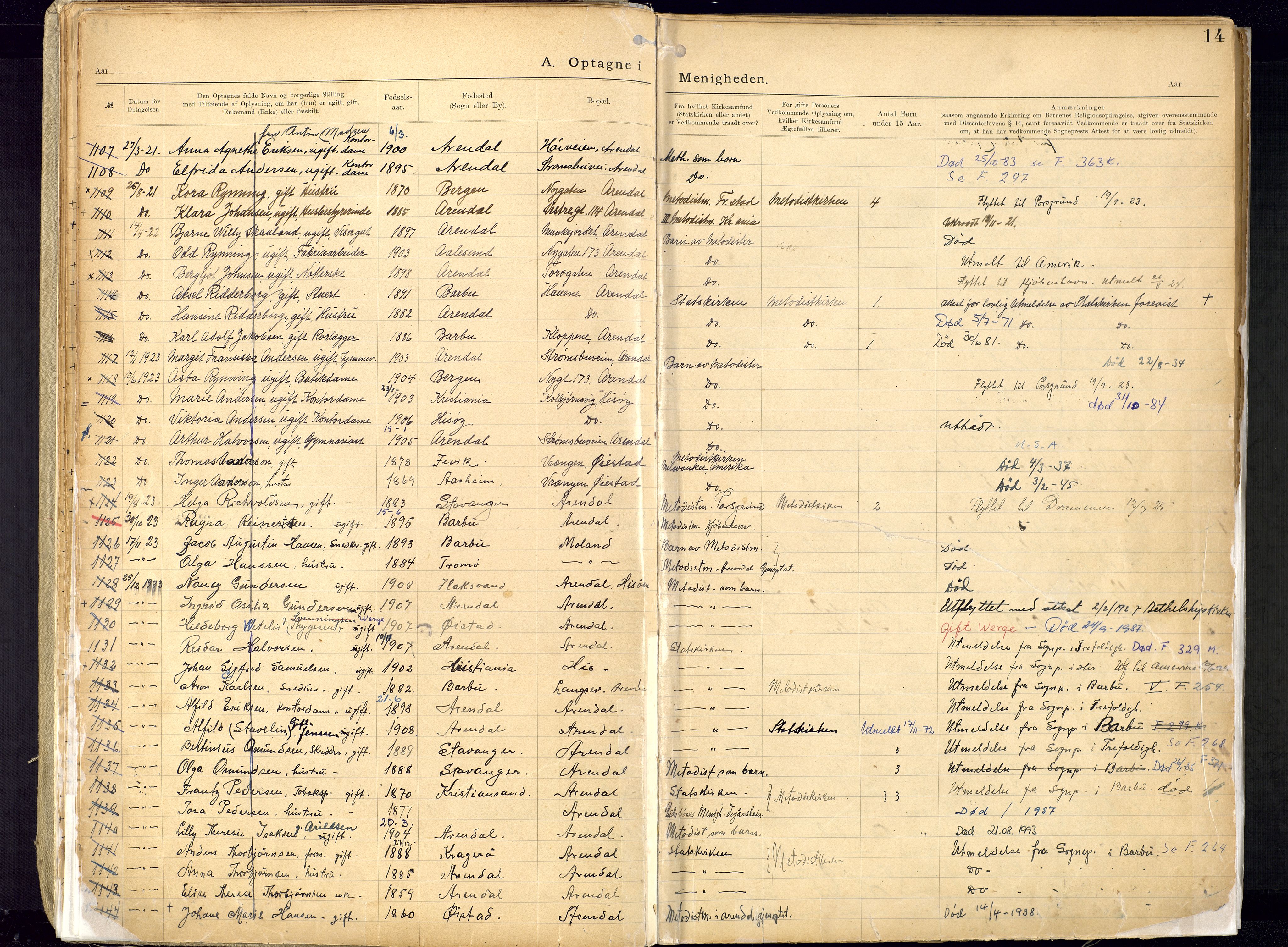 Metodistmenigheten, Arendal, SAK/1292-0011/F/Fa/L0005: Dissenter register no. 5, 1892-1942, p. 14