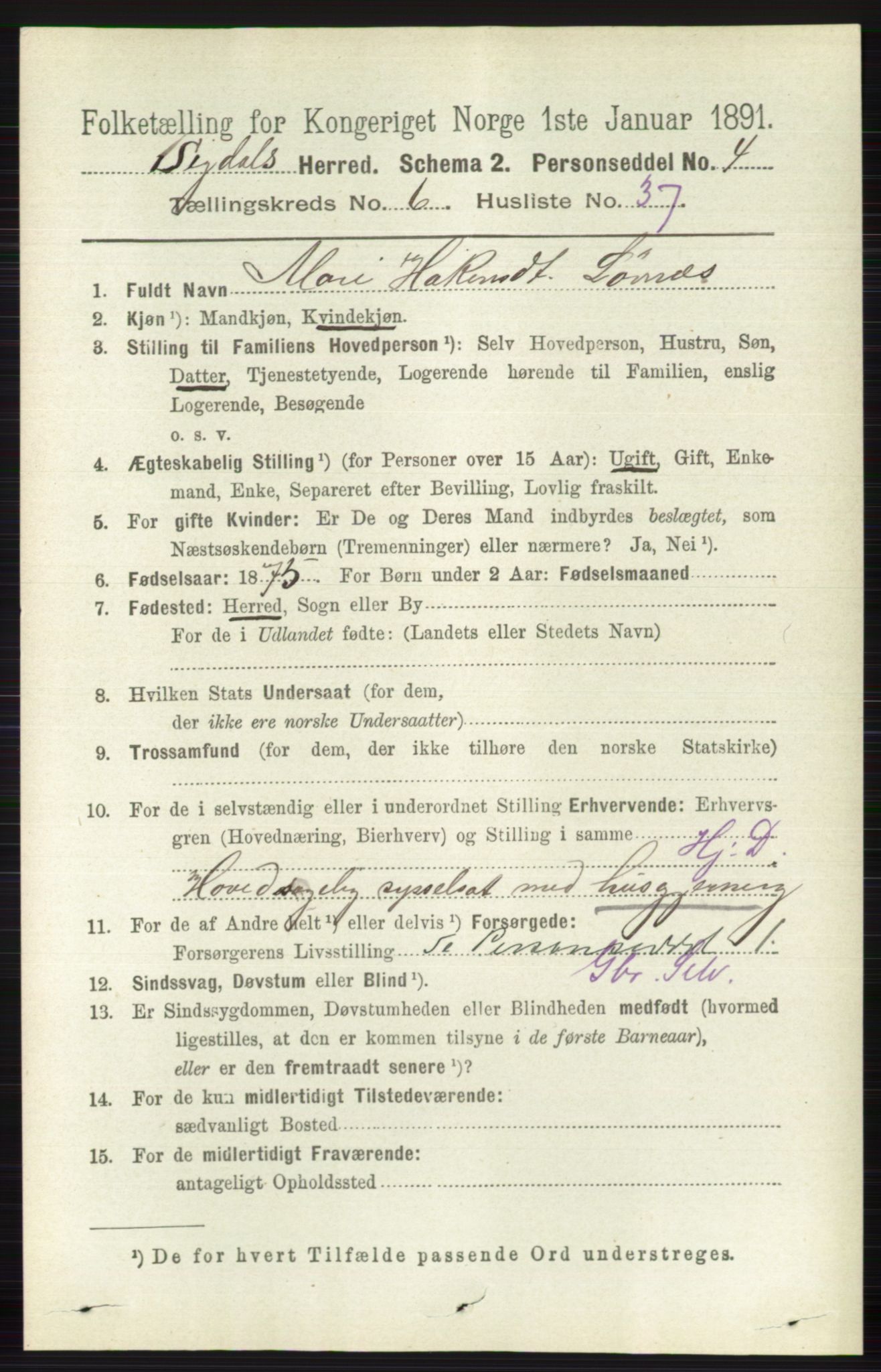 RA, 1891 census for 0621 Sigdal, 1891, p. 2626