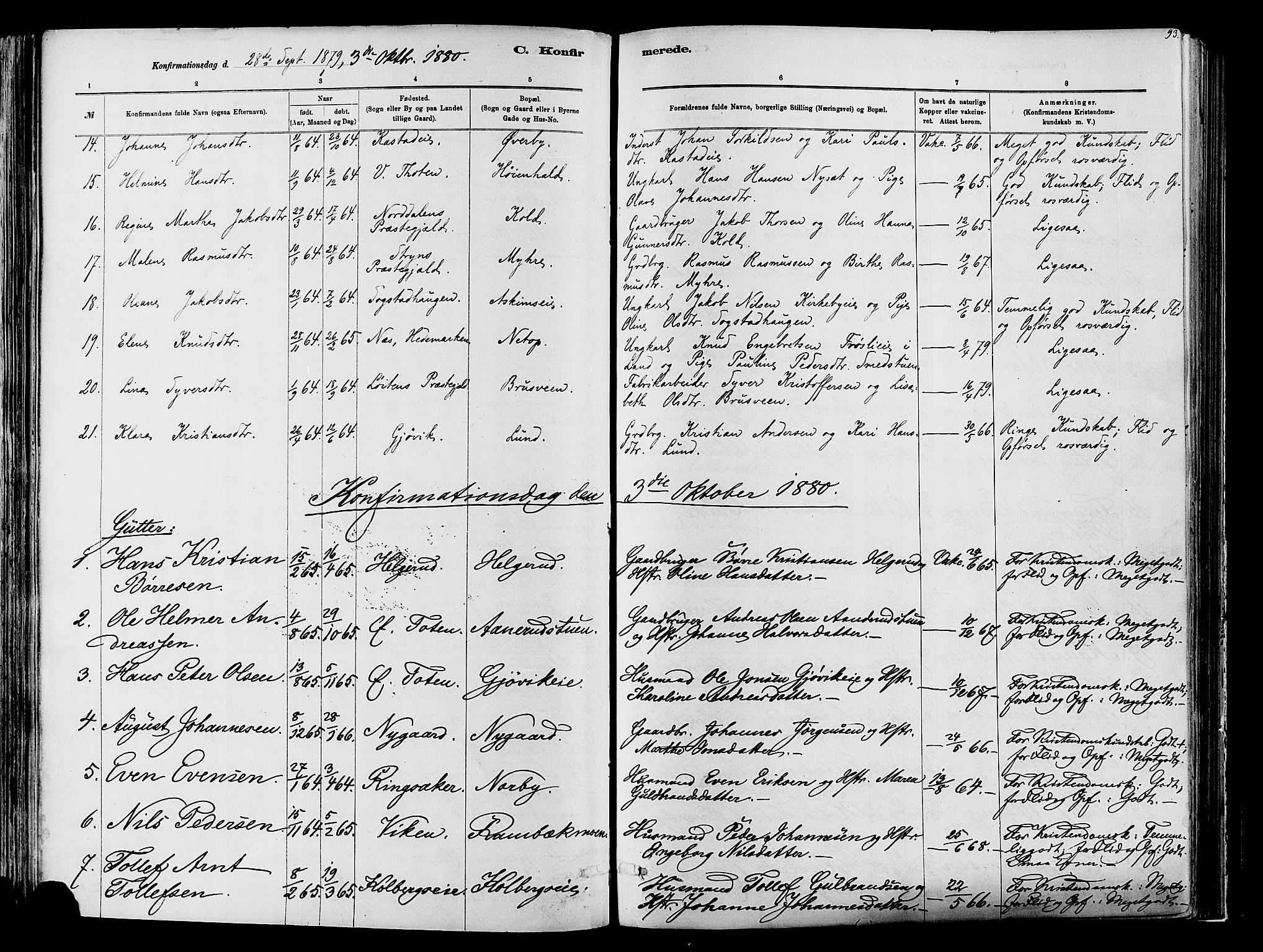 Vardal prestekontor, SAH/PREST-100/H/Ha/Haa/L0009: Parish register (official) no. 9, 1878-1892, p. 93