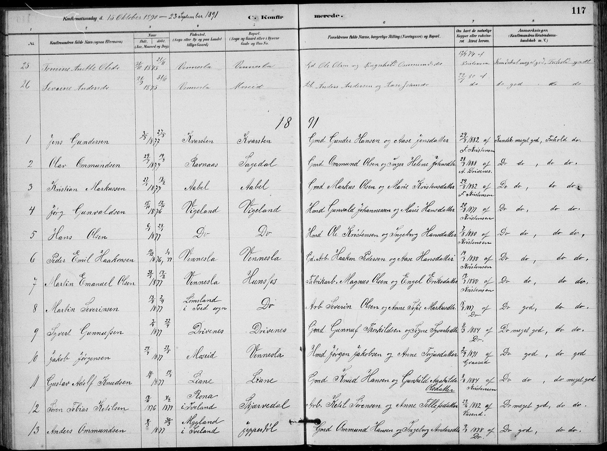 Vennesla sokneprestkontor, SAK/1111-0045/Fb/Fbb/L0003: Parish register (copy) no. B 3, 1879-1893, p. 117