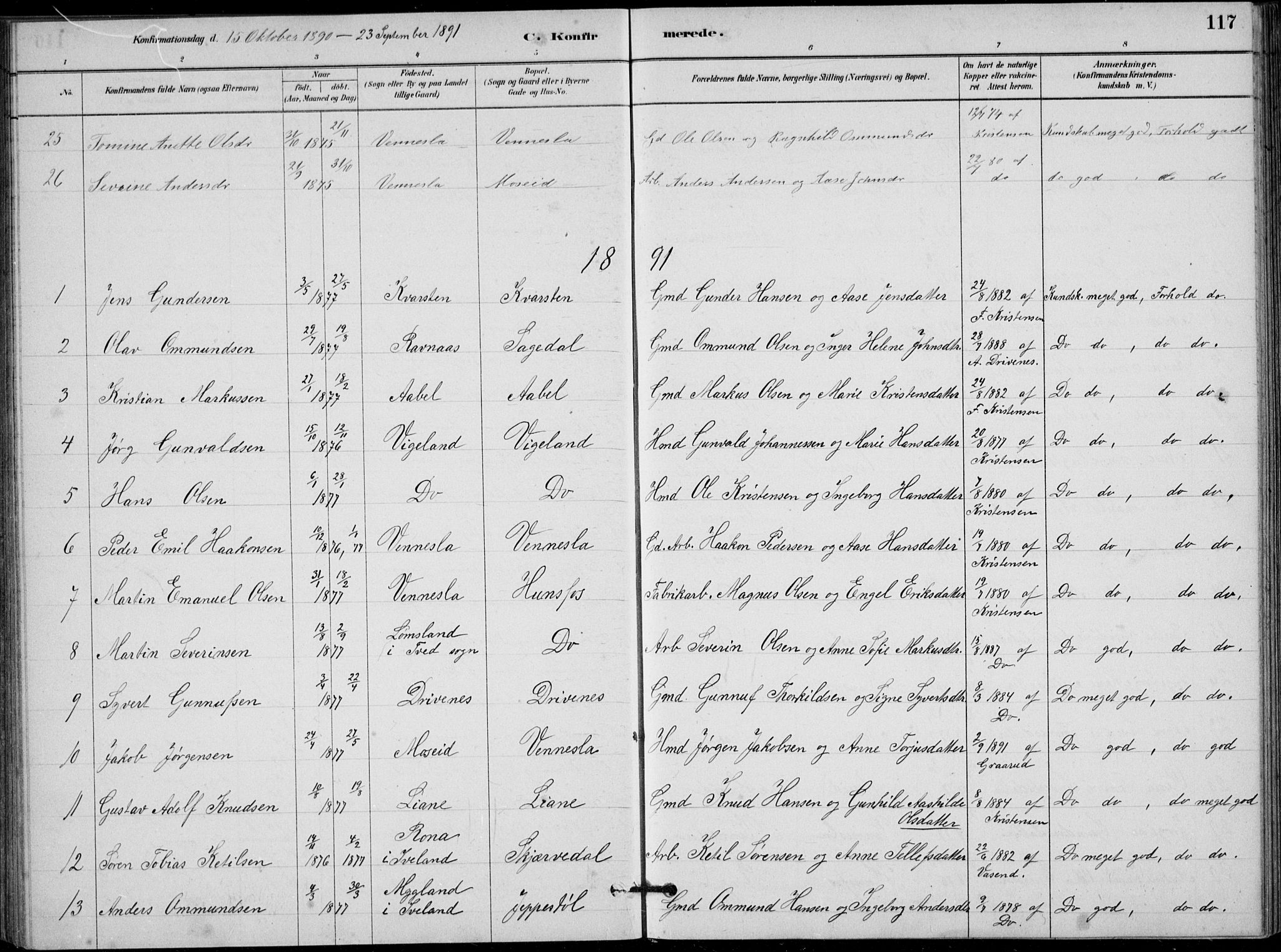 Vennesla sokneprestkontor, AV/SAK-1111-0045/Fb/Fbb/L0003: Parish register (copy) no. B 3, 1879-1893, p. 117