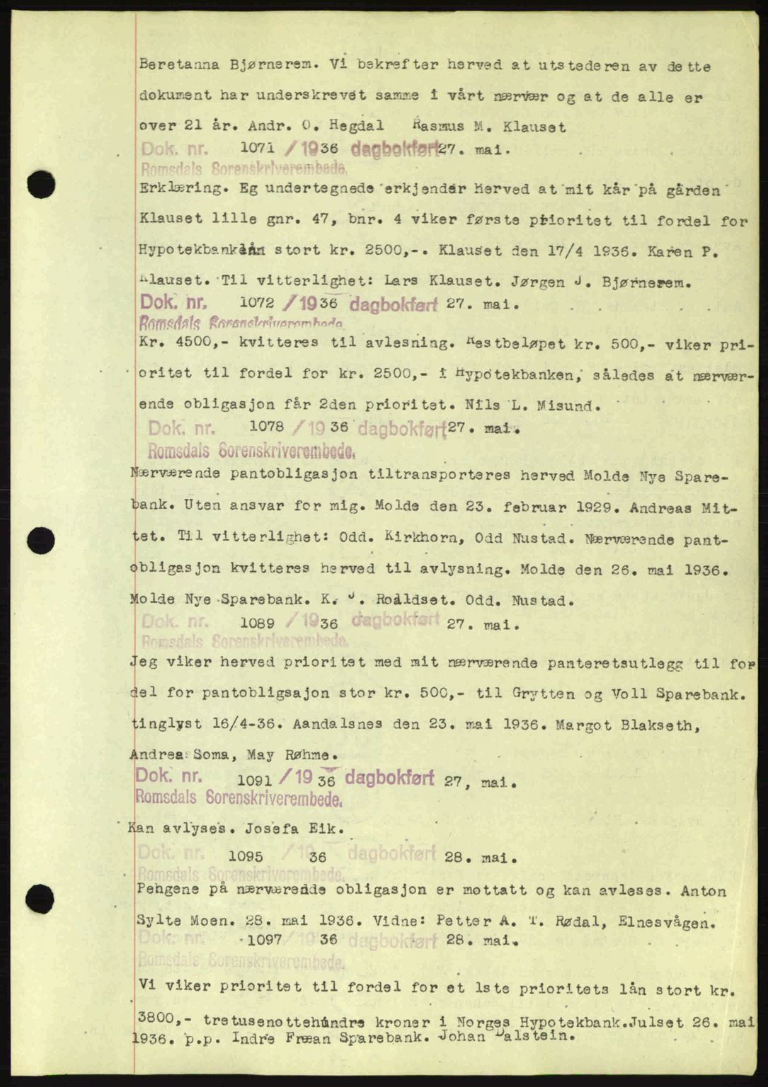 Romsdal sorenskriveri, AV/SAT-A-4149/1/2/2C: Mortgage book no. C1a, 1936-1945, Diary no: : 1071/1936