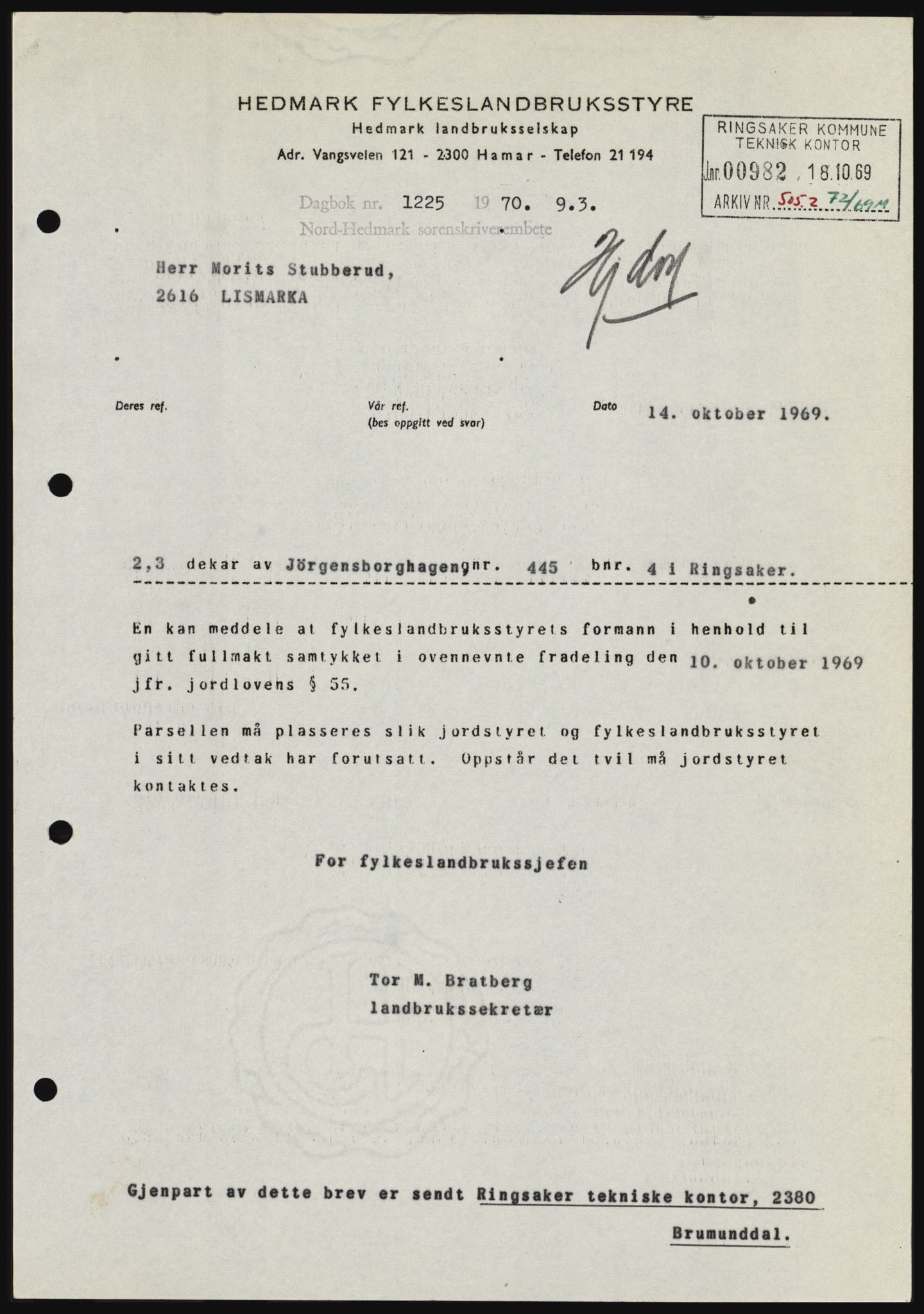 Nord-Hedmark sorenskriveri, SAH/TING-012/H/Hc/L0033: Mortgage book no. 33, 1970-1970, Diary no: : 1225/1970