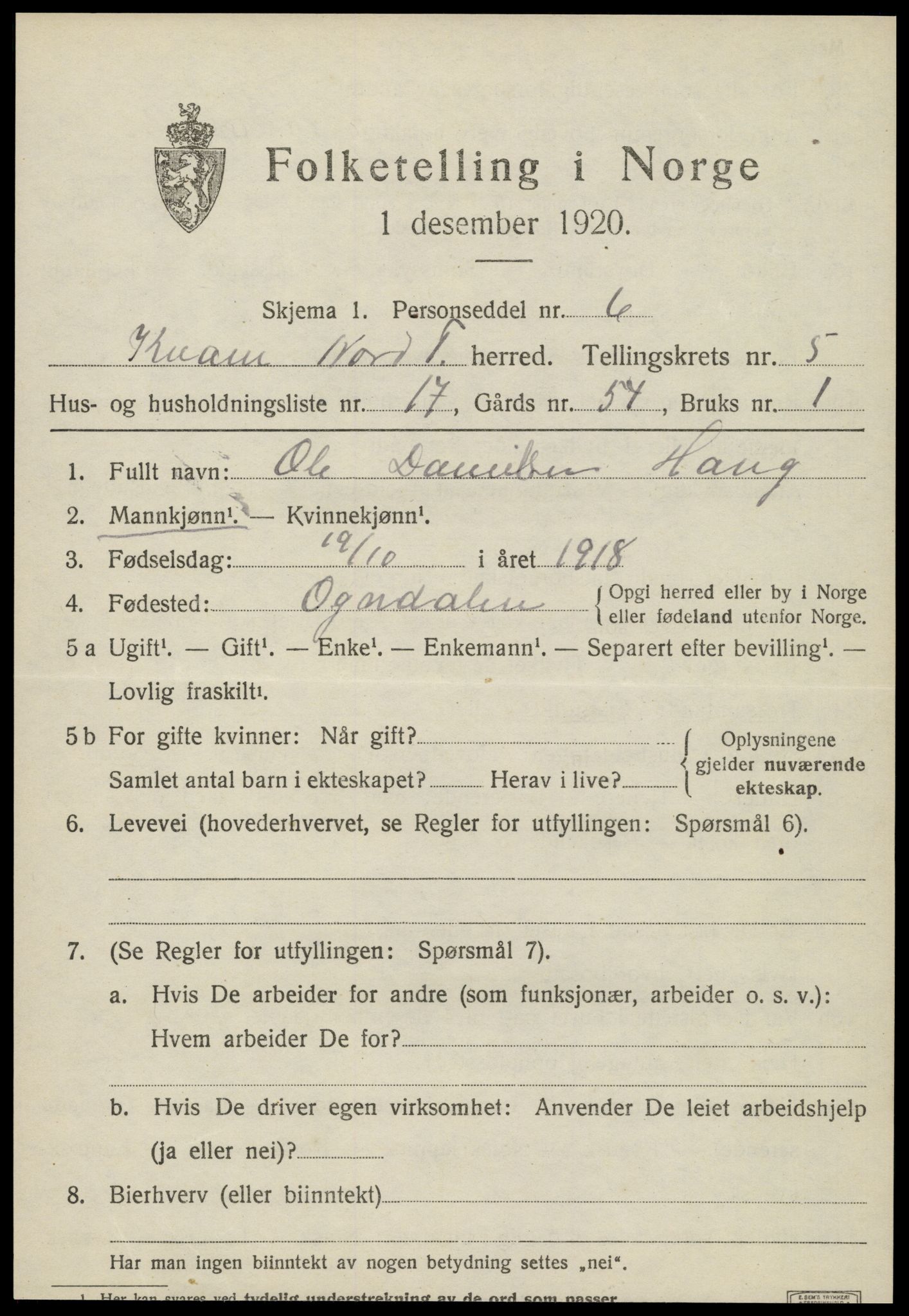 SAT, 1920 census for Kvam, 1920, p. 1575