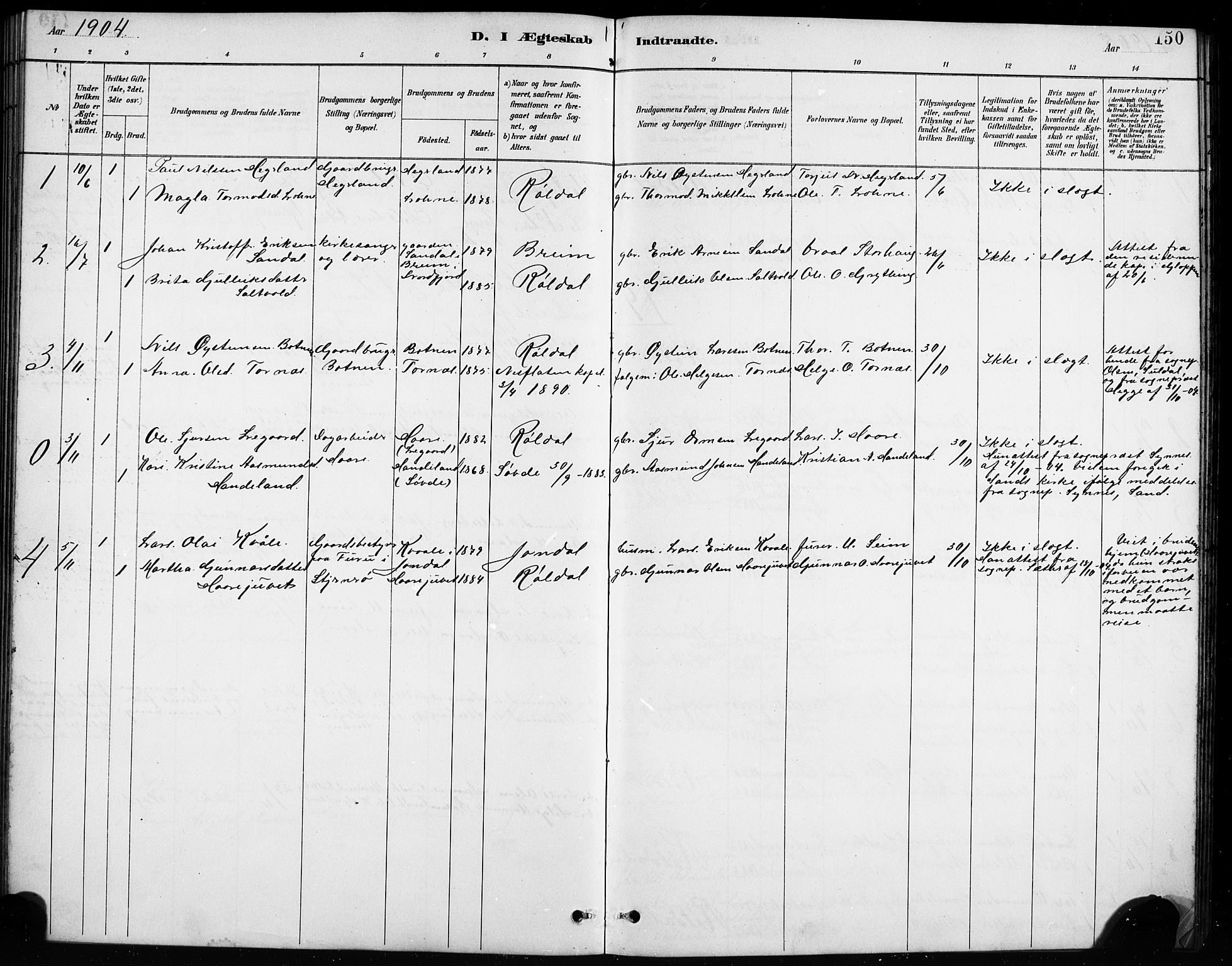 Røldal sokneprestembete, SAB/A-100247: Parish register (copy) no. A 3, 1887-1917, p. 150