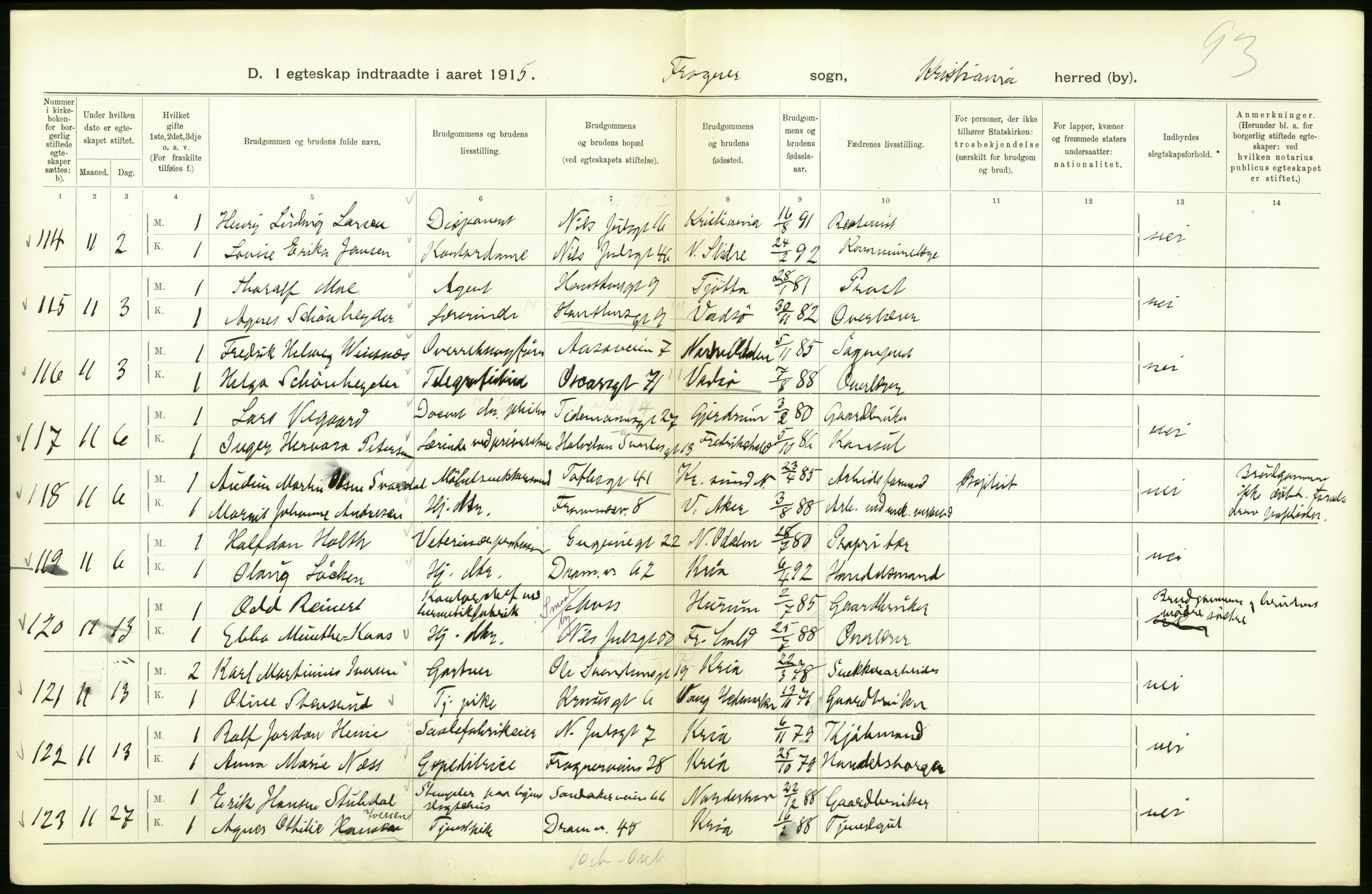 Statistisk sentralbyrå, Sosiodemografiske emner, Befolkning, AV/RA-S-2228/D/Df/Dfb/Dfbe/L0008: Kristiania: Gifte., 1915, p. 258