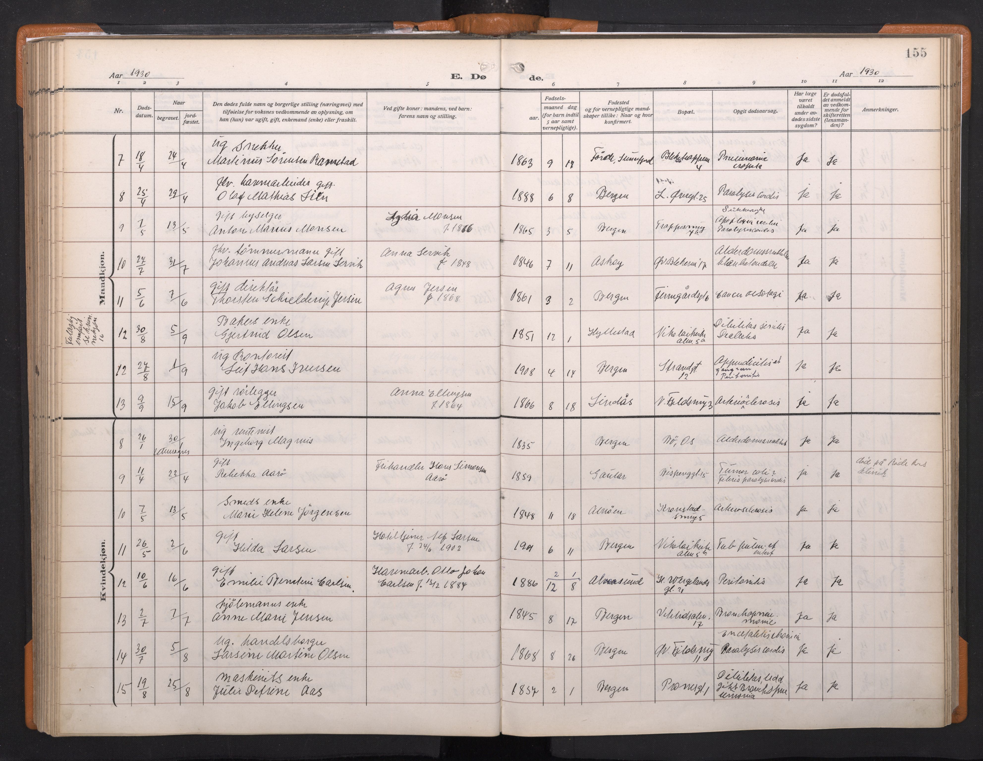 Korskirken sokneprestembete, SAB/A-76101/H/Haa/L0048: Parish register (official) no. E 6, 1910-1960, p. 154b-155a